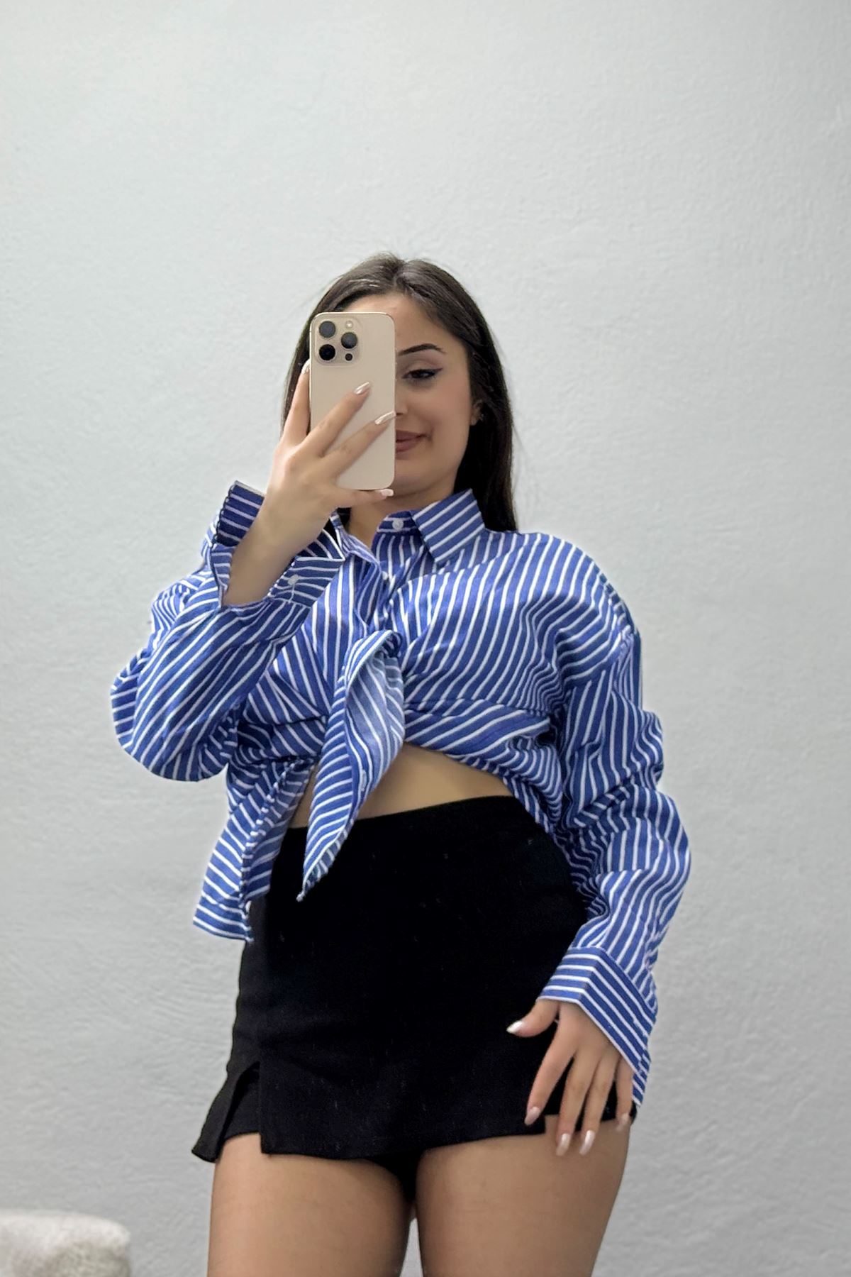 Pamuk Polyester Çizgili Oversize Gömlek Koyumavibeyaz - 51052.147.