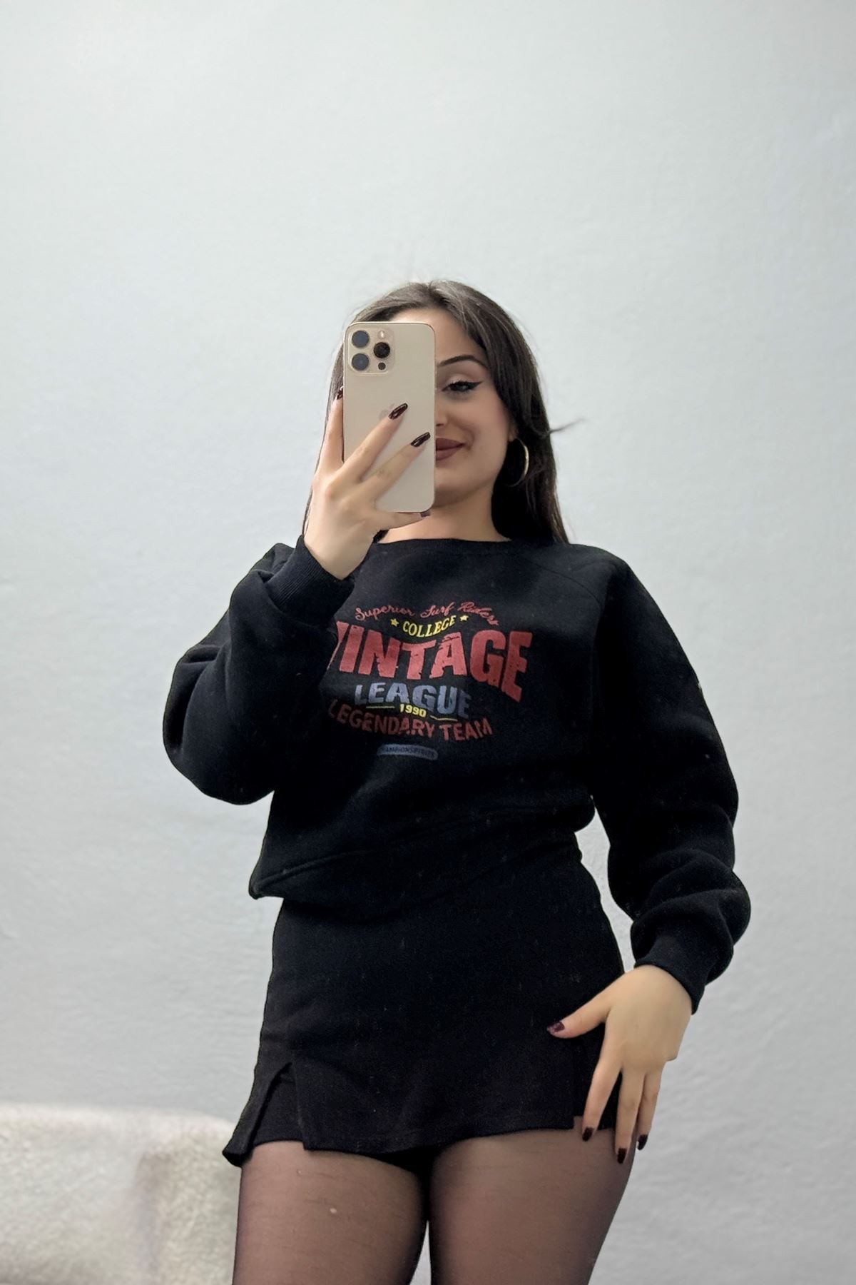 3 İplik Şardonlu Baskılı Sweat Siyah - 42605.1878.