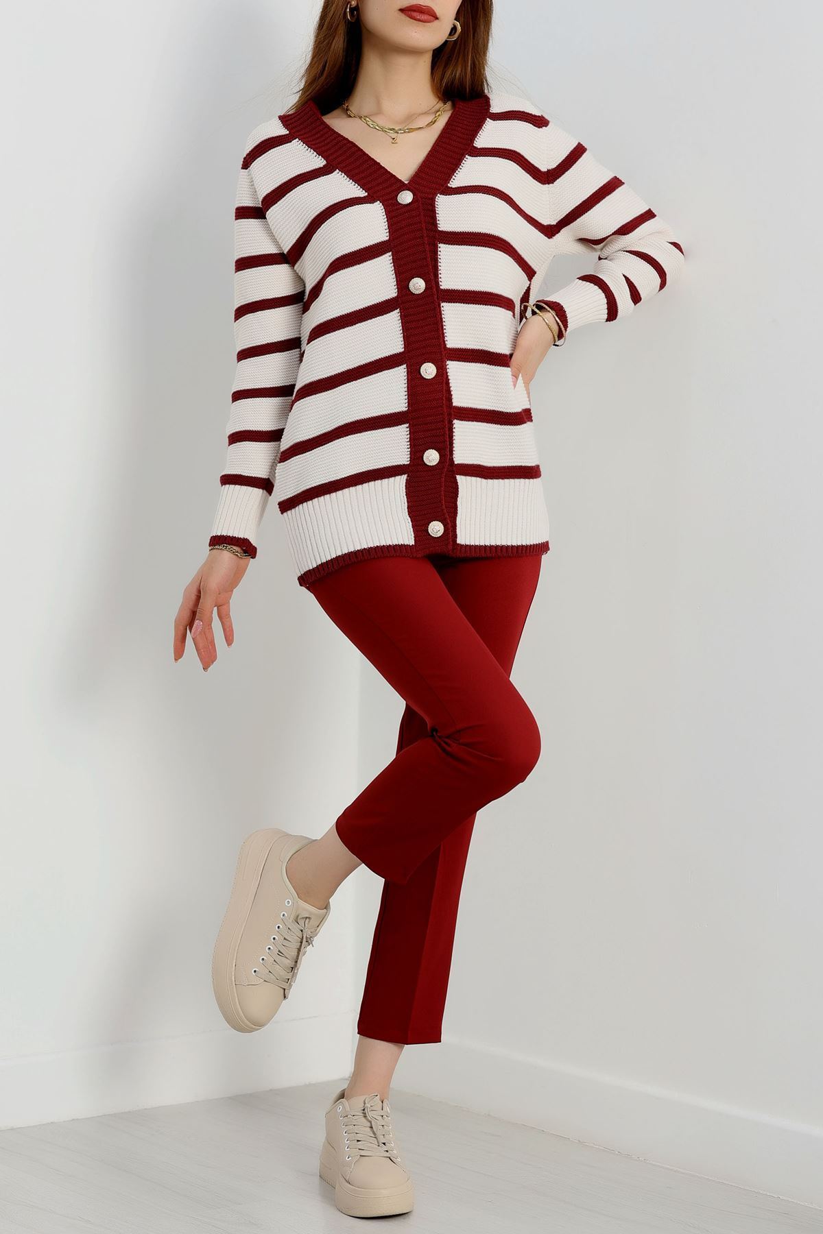 Düğmeli Çizgili Hırka Lattebordo - 4035.1577.