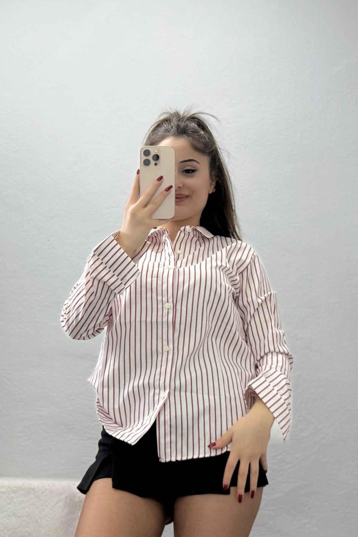 Pamuk Polyester Çizgili Gömlek Bordobeyaz - 51064.147.