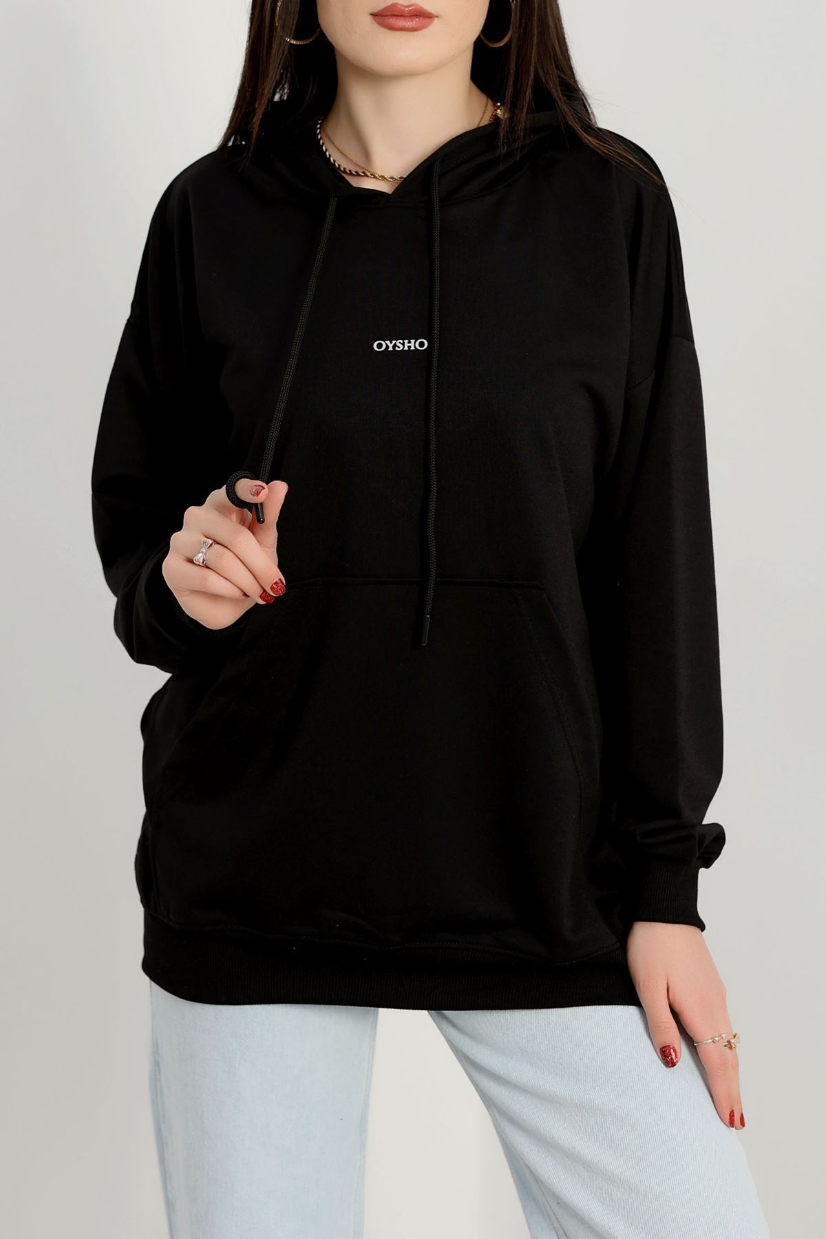 2 İplik Kapşonlu Baskılı Sweatshirt Siyah - 31316.1878.