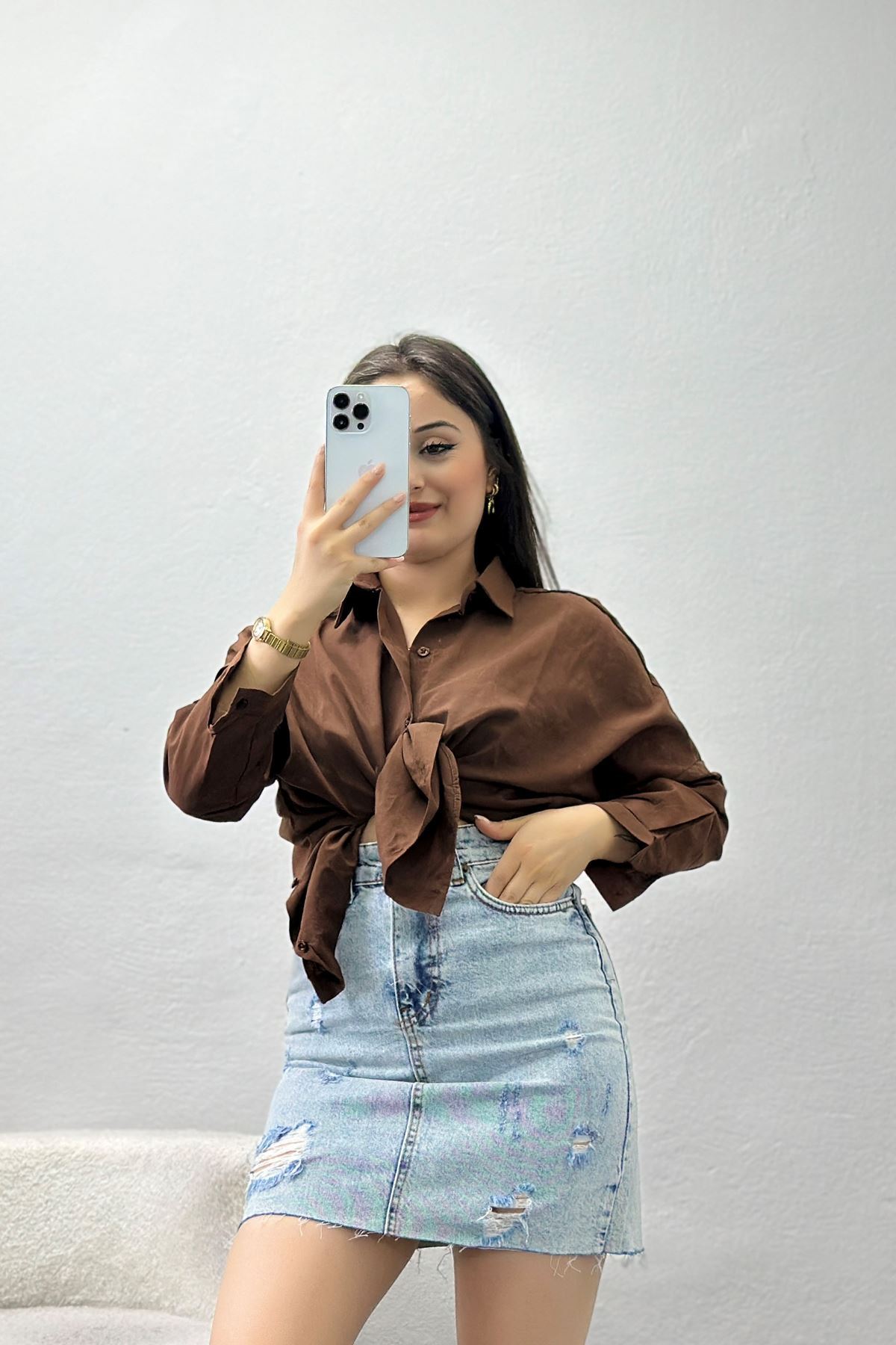 Terikoton Oversize Gömlek Kahve - 30840.1949.