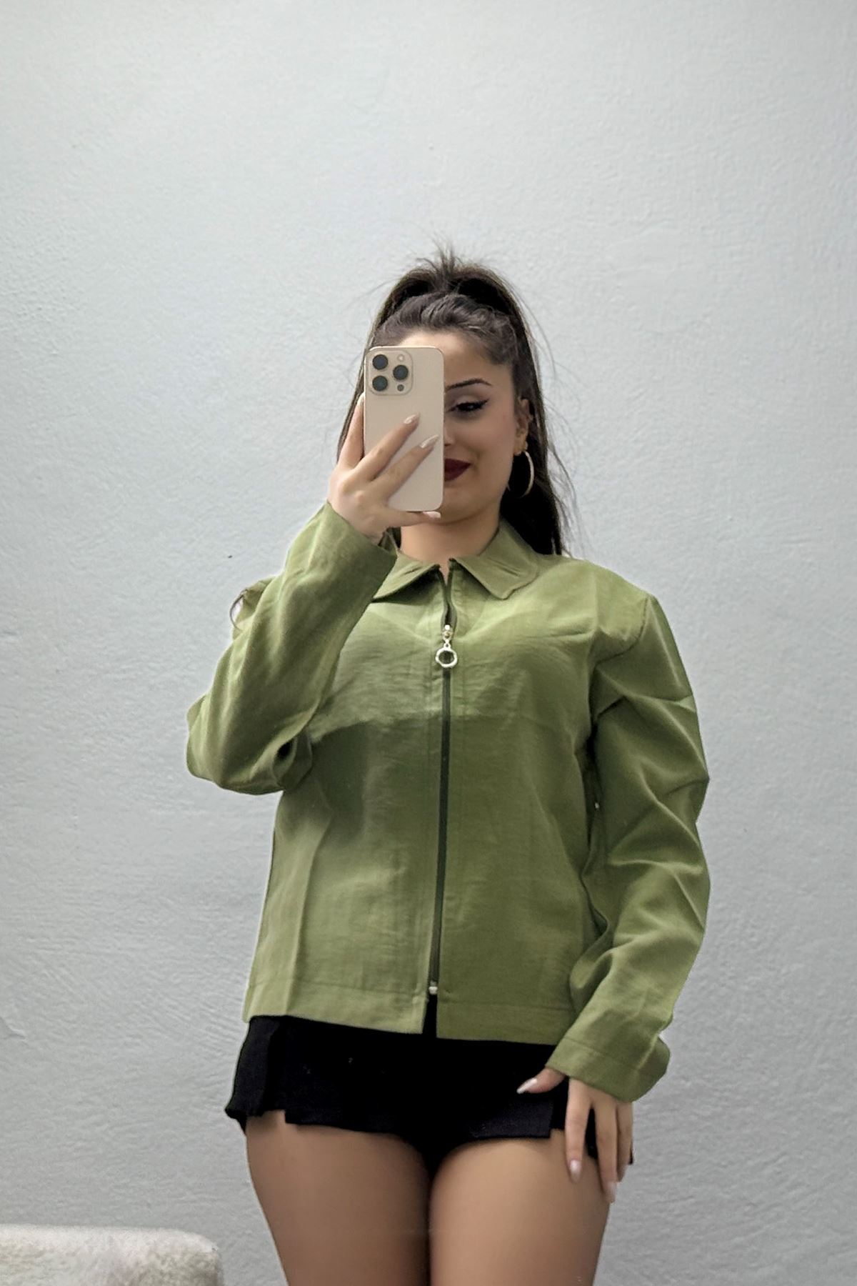 Dokuma Modal Fermuarlı Polo Yaka Ceket Gömlek Haki - 51237.1837.