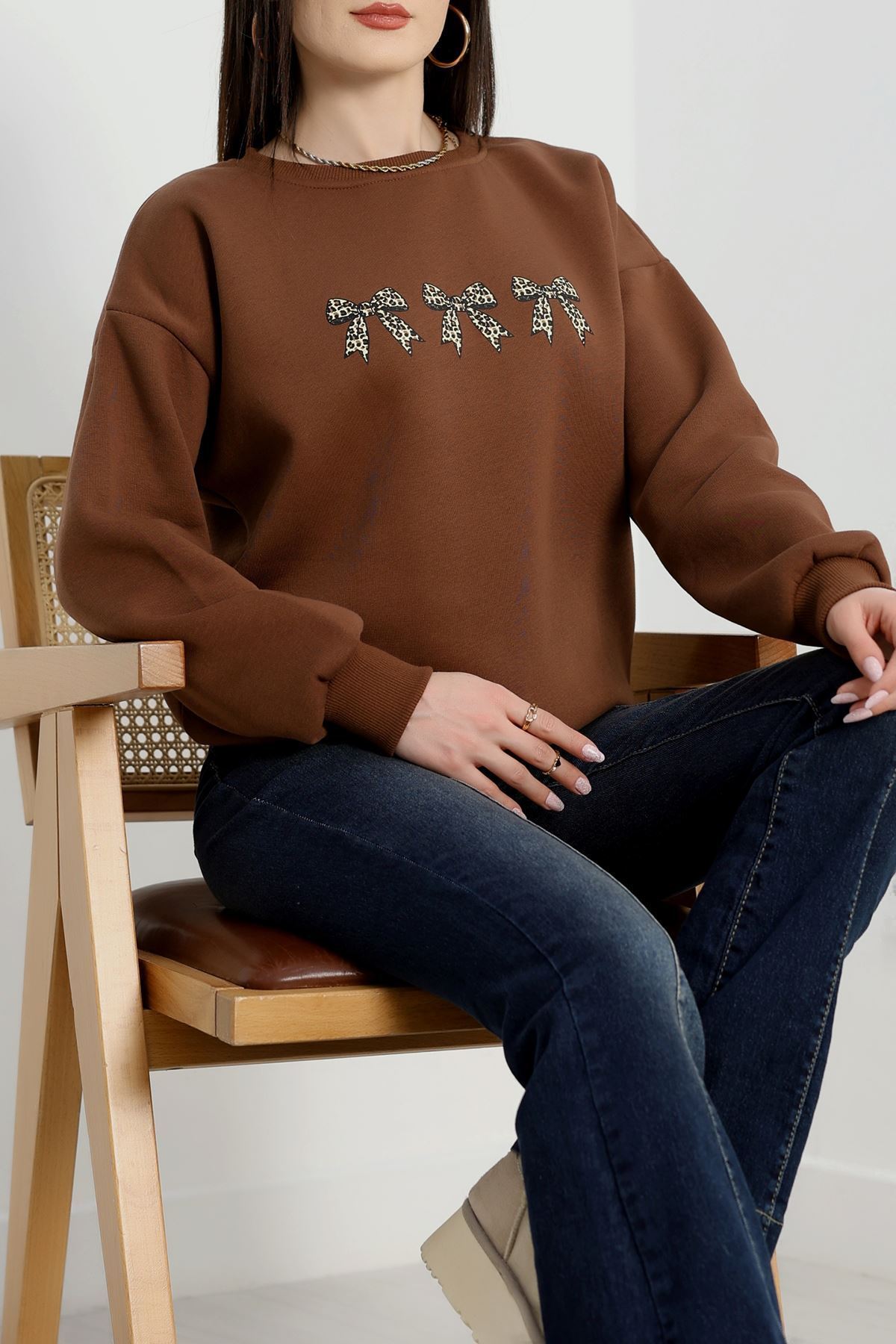 3 İplik Bisiklet Yaka Sweat Kahve - 42241.1878.