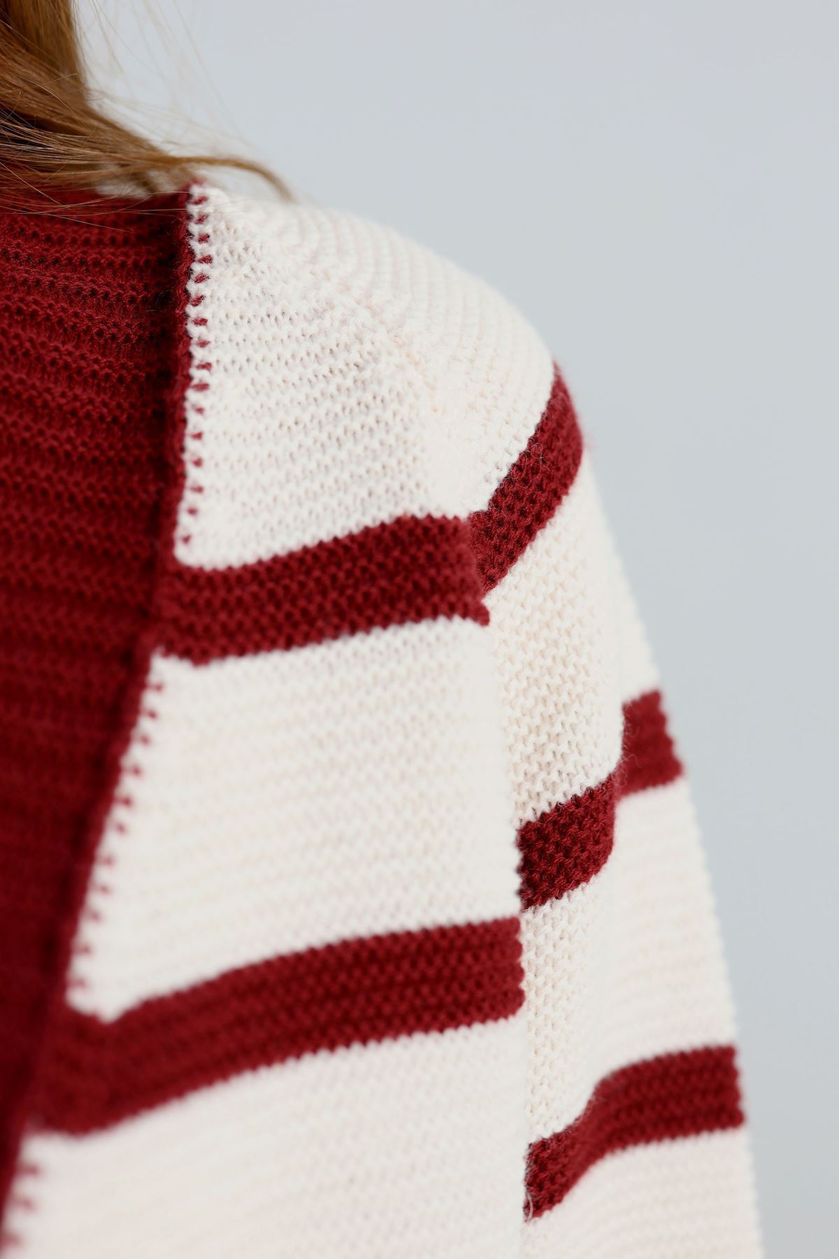 Düğmeli Çizgili Hırka Lattebordo - 4035.1577.