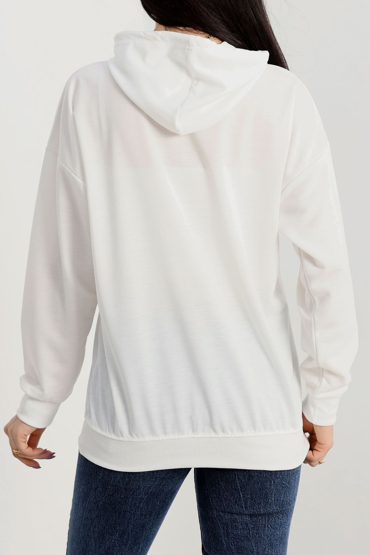 2 İplik Kapşonlu Baskılı Sweatshirt Ekru - 31315.1878.