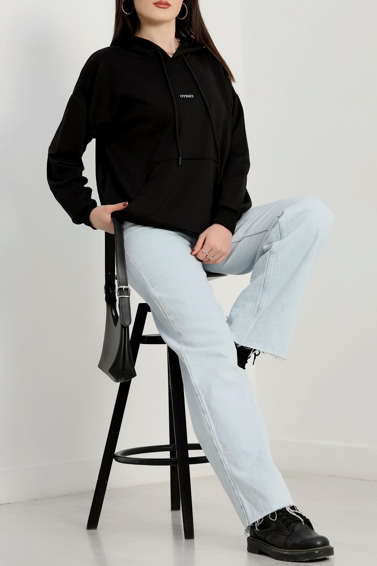 2 İplik Kapşonlu Baskılı Sweatshirt Siyah - 31316.1878.