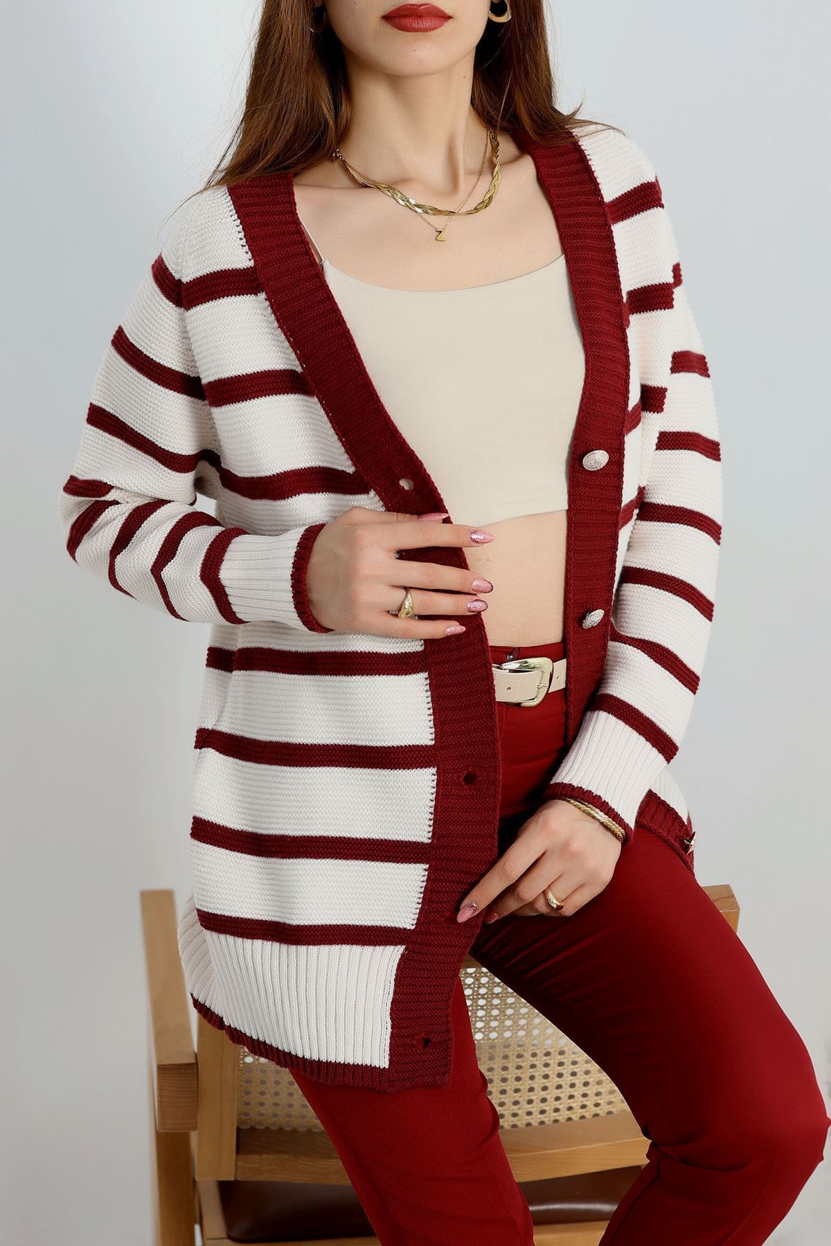 Düğmeli Çizgili Hırka Lattebordo - 4035.1577.