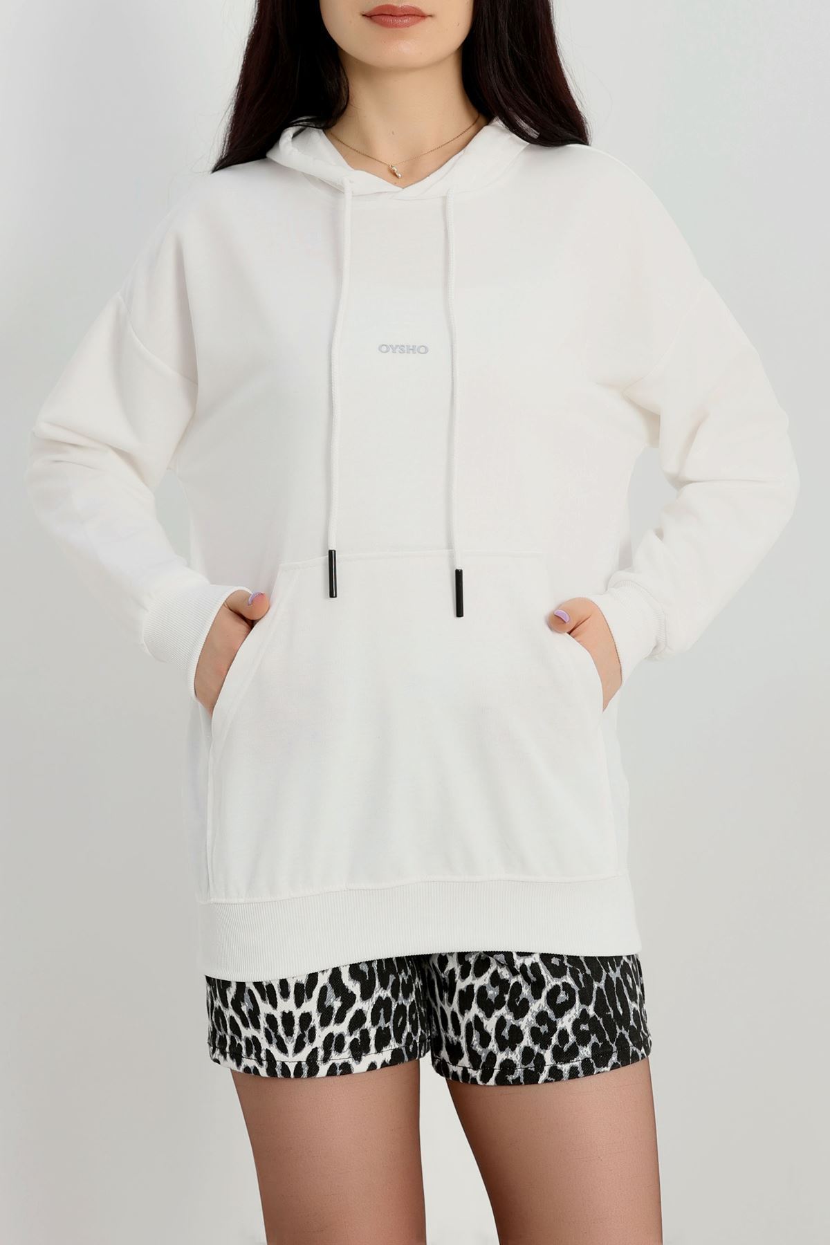 2 İplik Kapşonlu Baskılı Sweatshirt Ekru - 31316.1878.