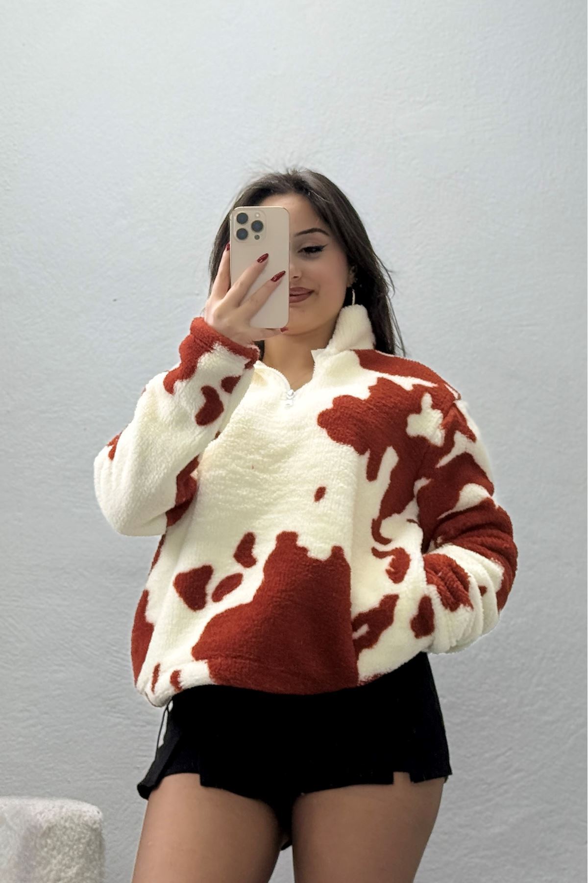 Yarım Fermuarlı Peluş Sweat Ekrukiremit - 31713.1247.