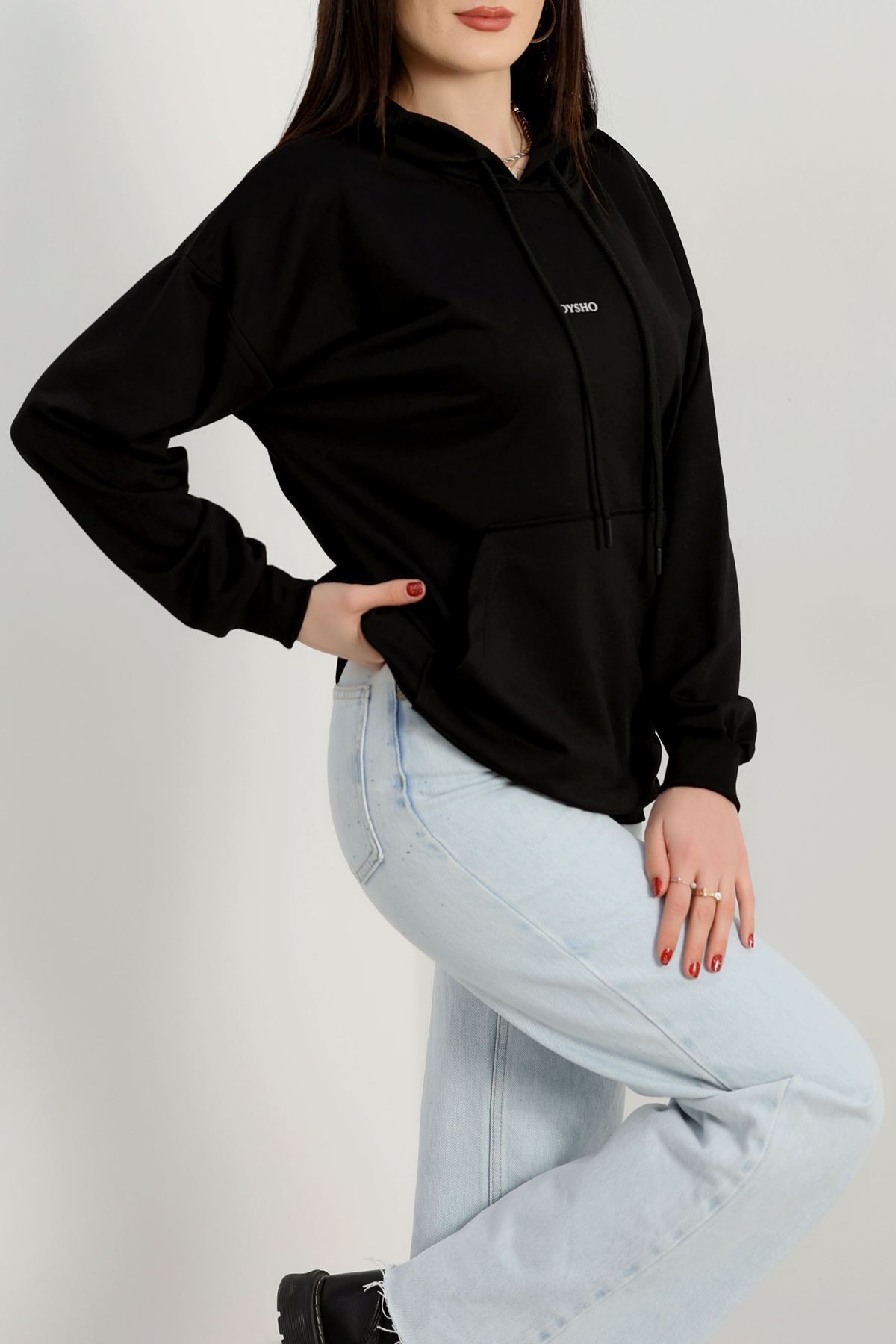 2 İplik Kapşonlu Baskılı Sweatshirt Siyah - 31316.1878.