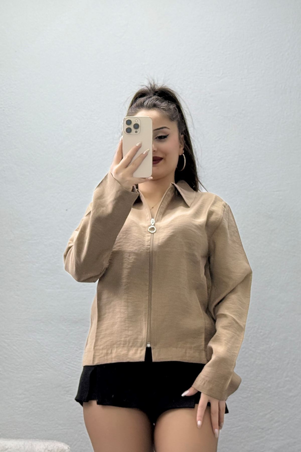 Dokuma Modal Fermuarlı Polo Yaka Ceket Gömlek Sütlükahve - 51237.1837.