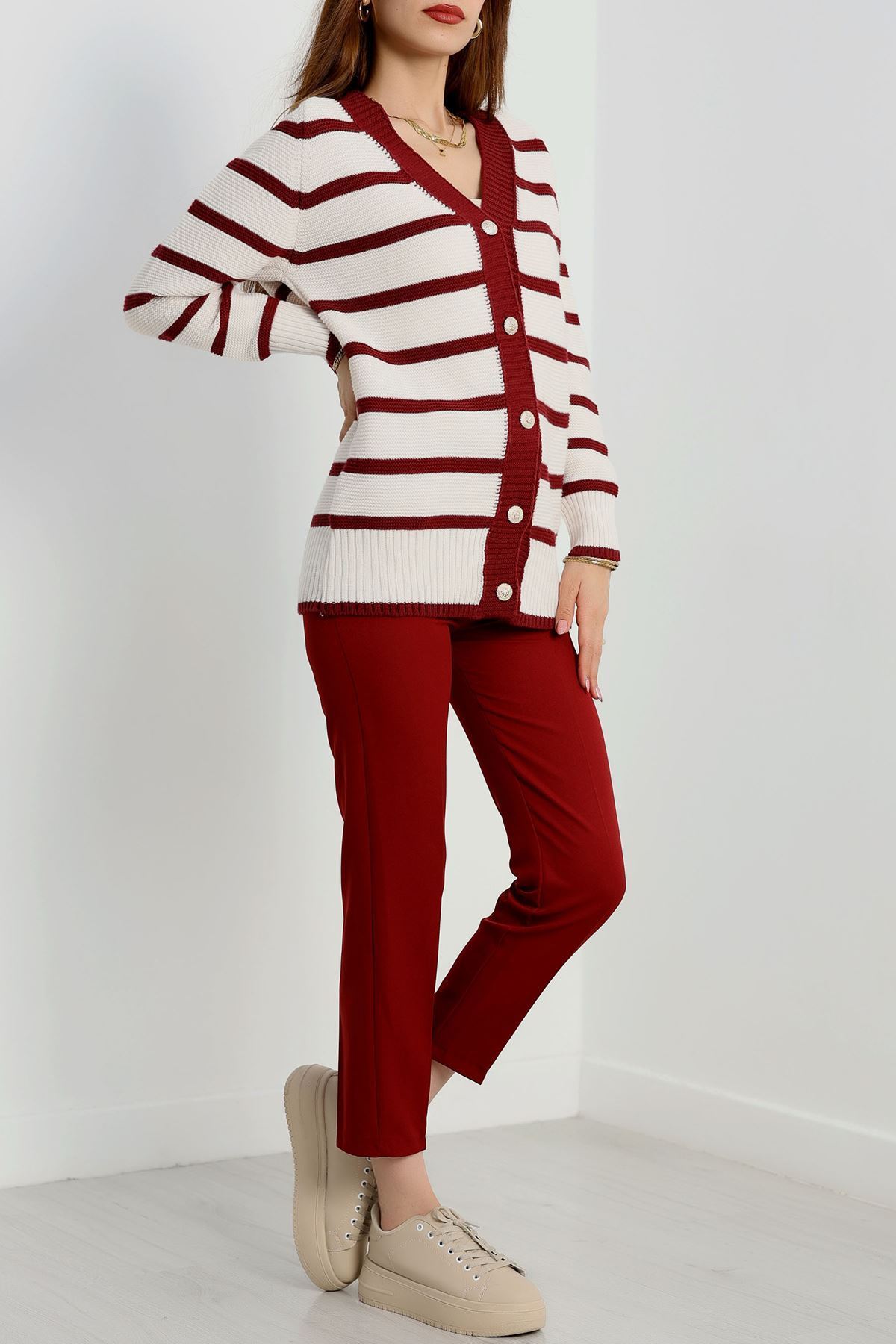 Düğmeli Çizgili Hırka Lattebordo - 4035.1577.