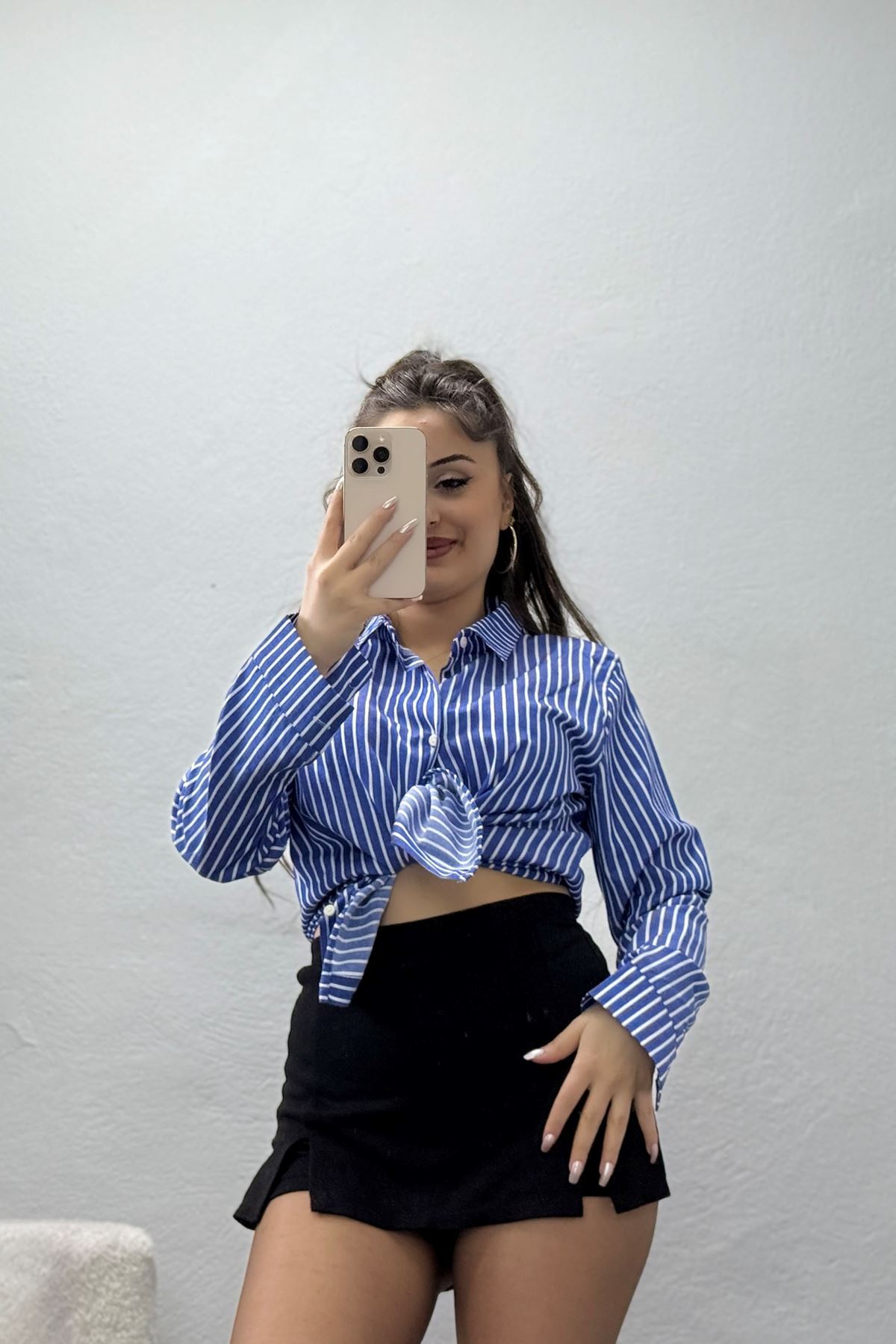 Pamuk Polyester Çizgili Gömlek Koyumavibeyaz - 51064.147.