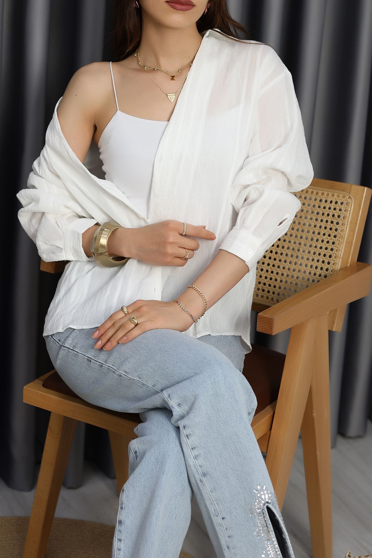 V Yaka Çizgi Detaylı Gömlek Ekru - 41546.444.