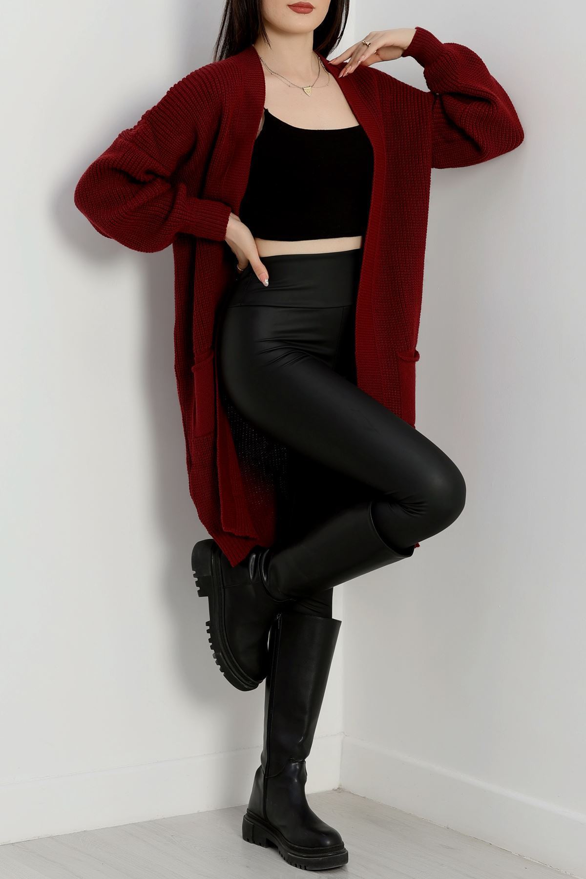 Cep Detaylı Triko Hırka Bordo - 436.1577.