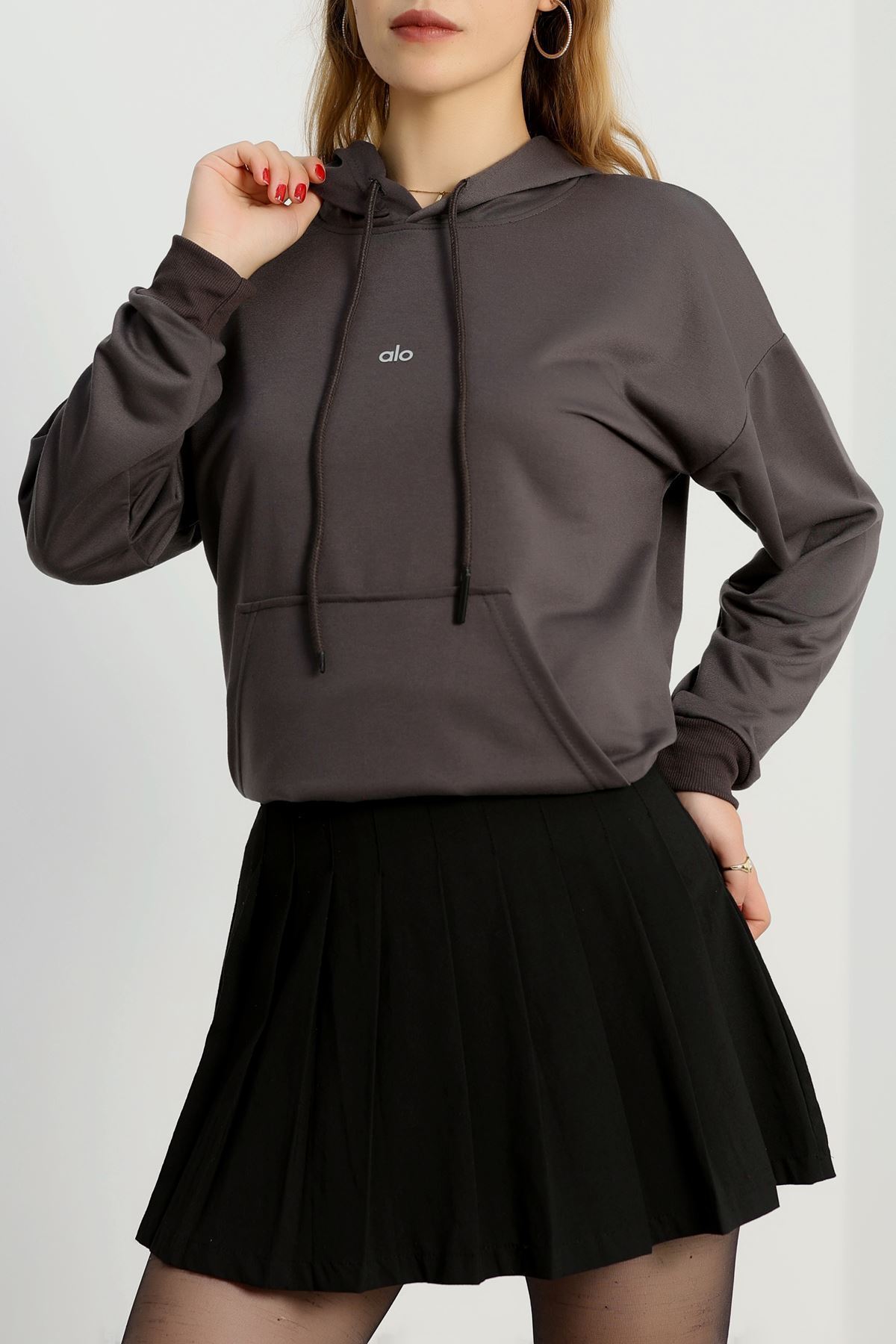 2 İplik Kapşonlu Baskılı Sweatshirt Antrasit - 31315.1878.