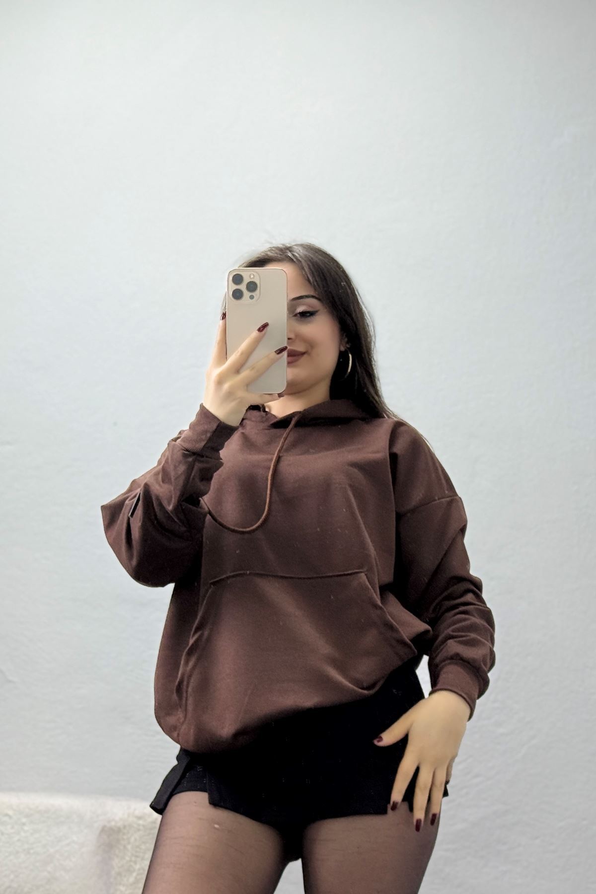 2 İplik Kapşonlu Kanguru Cepli Sweat Kahve - 30090.1878.