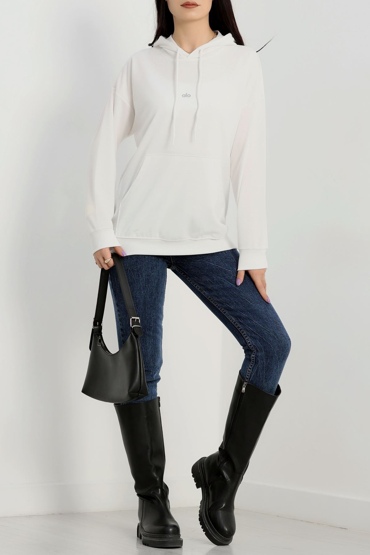 2 İplik Kapşonlu Baskılı Sweatshirt Ekru - 31315.1878.