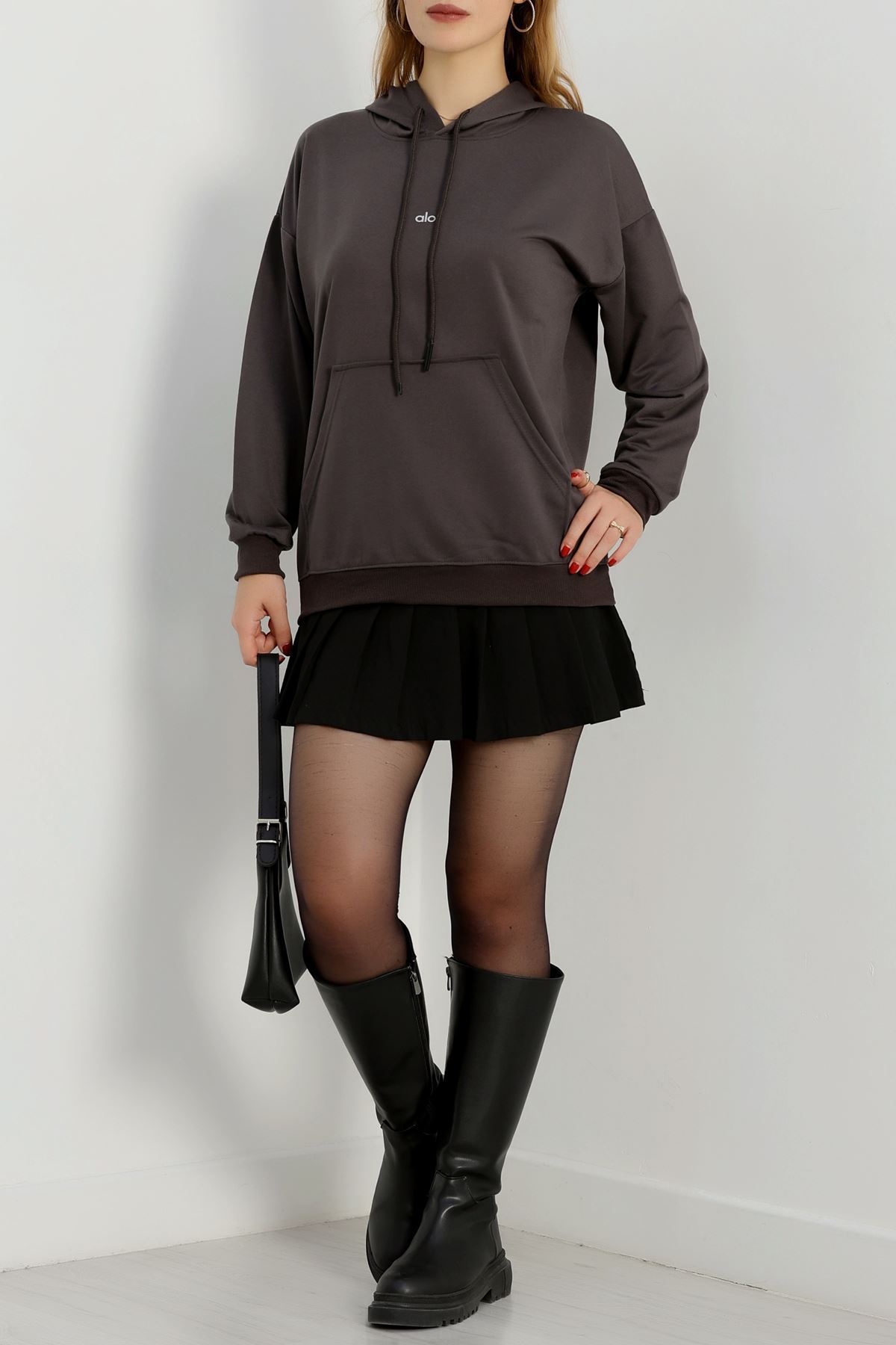 2 İplik Kapşonlu Baskılı Sweatshirt Antrasit - 31315.1878.