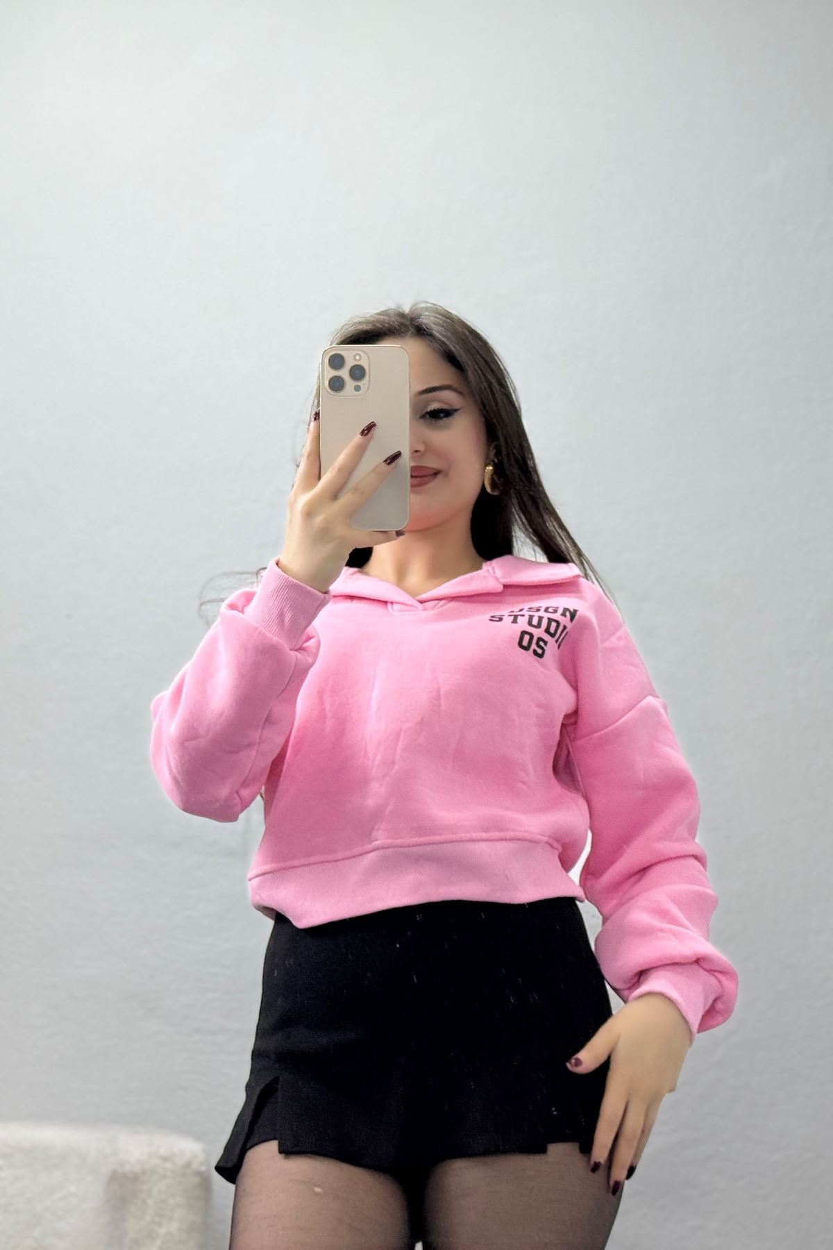 3 İplik Şardonlu Polo Yaka Baskılı Sweat Pembe - 42602.1878.