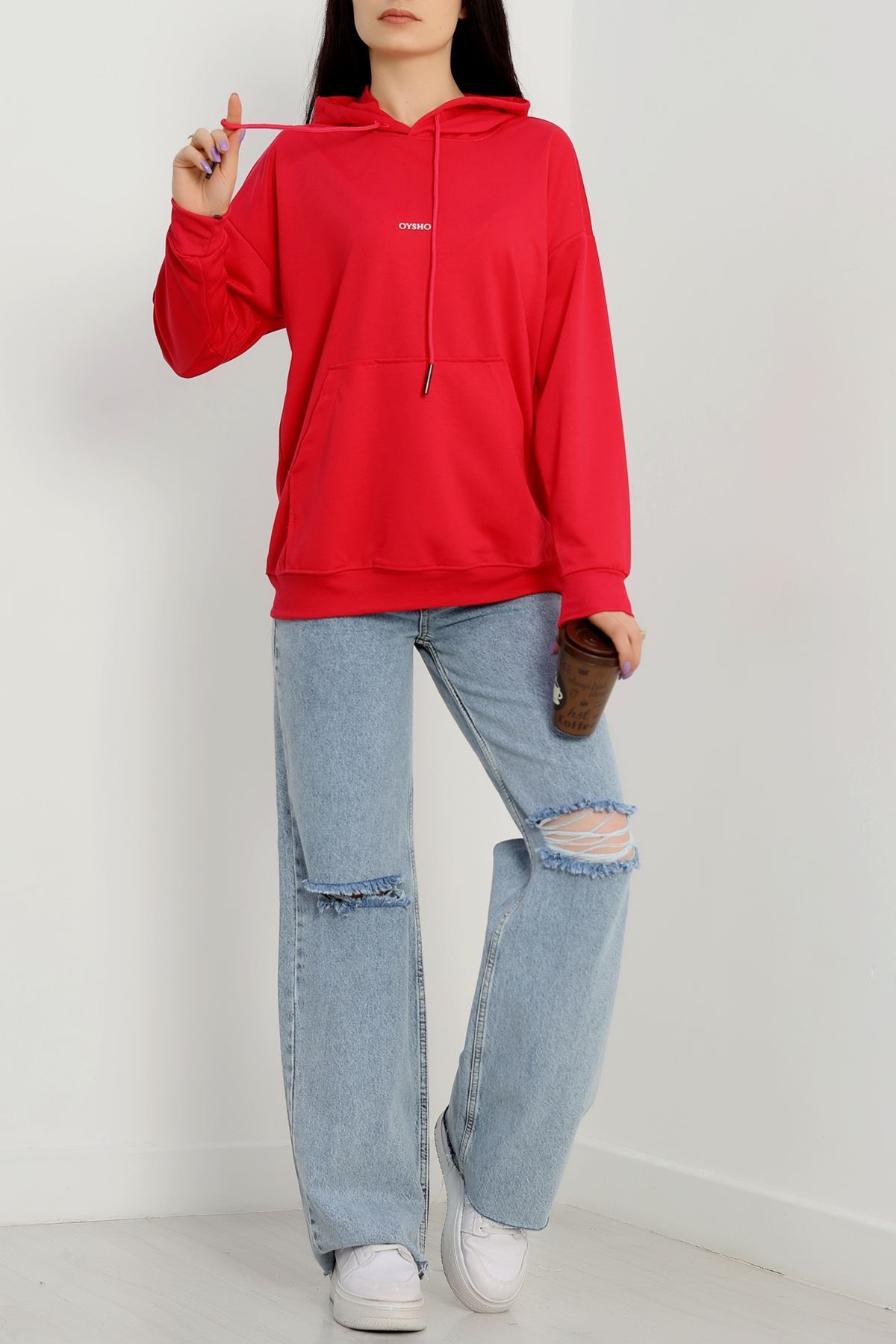 2 İplik Kapşonlu Baskılı Sweatshirt Fuşya - 31316.1878.
