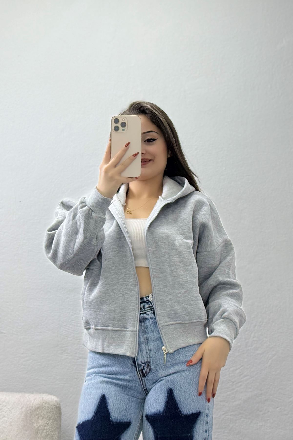 3 İplik Kompakt Oversize Fleto Cepli Sweat Gri - 42506.1878.