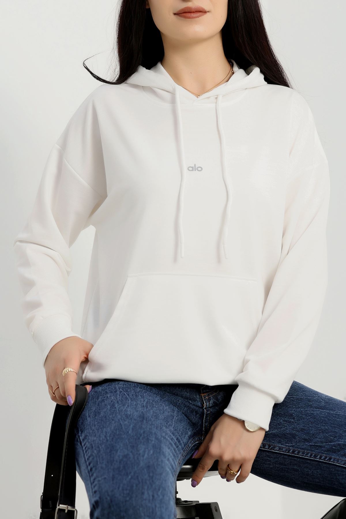 2 İplik Kapşonlu Baskılı Sweatshirt Ekru - 31315.1878.
