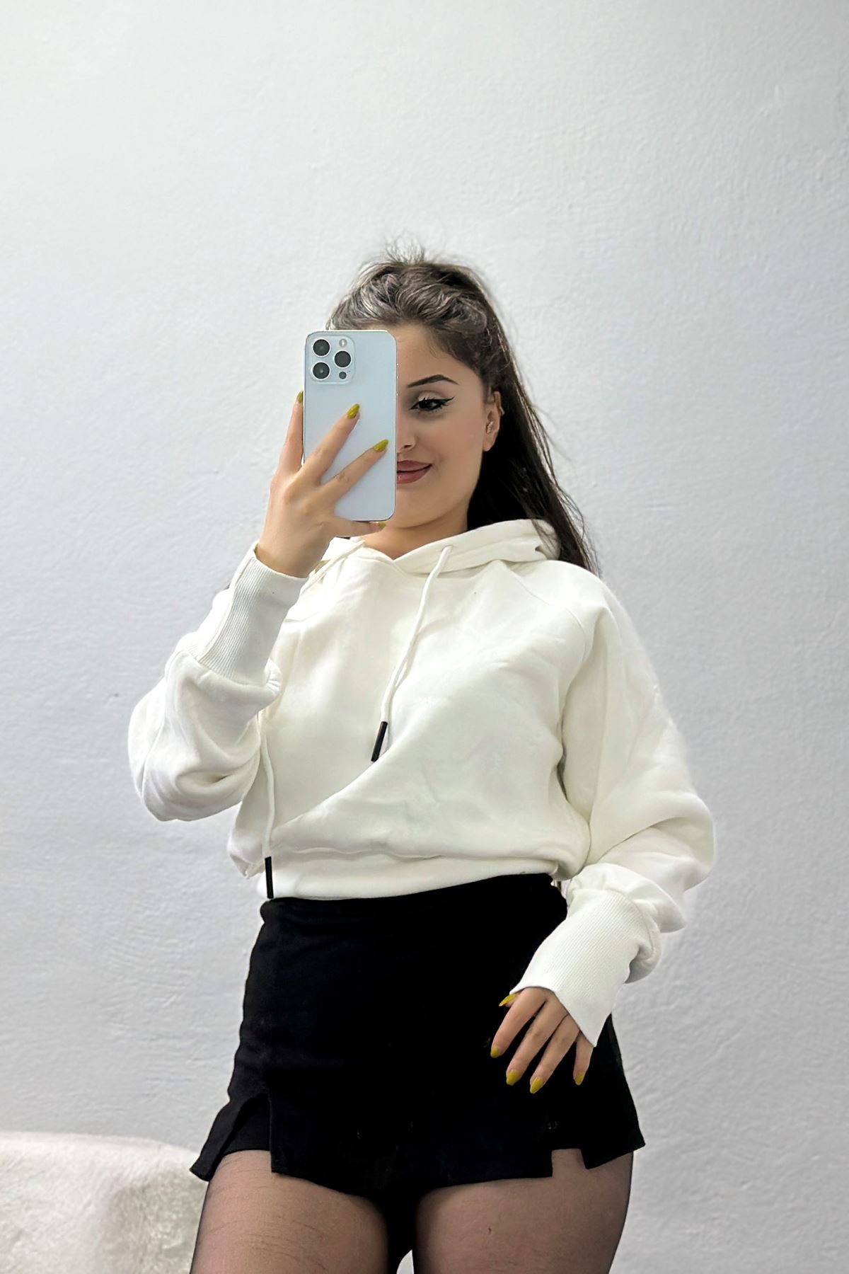 3 İplik Kapşonlu Crop Sweat Ekru - 20967.1878.