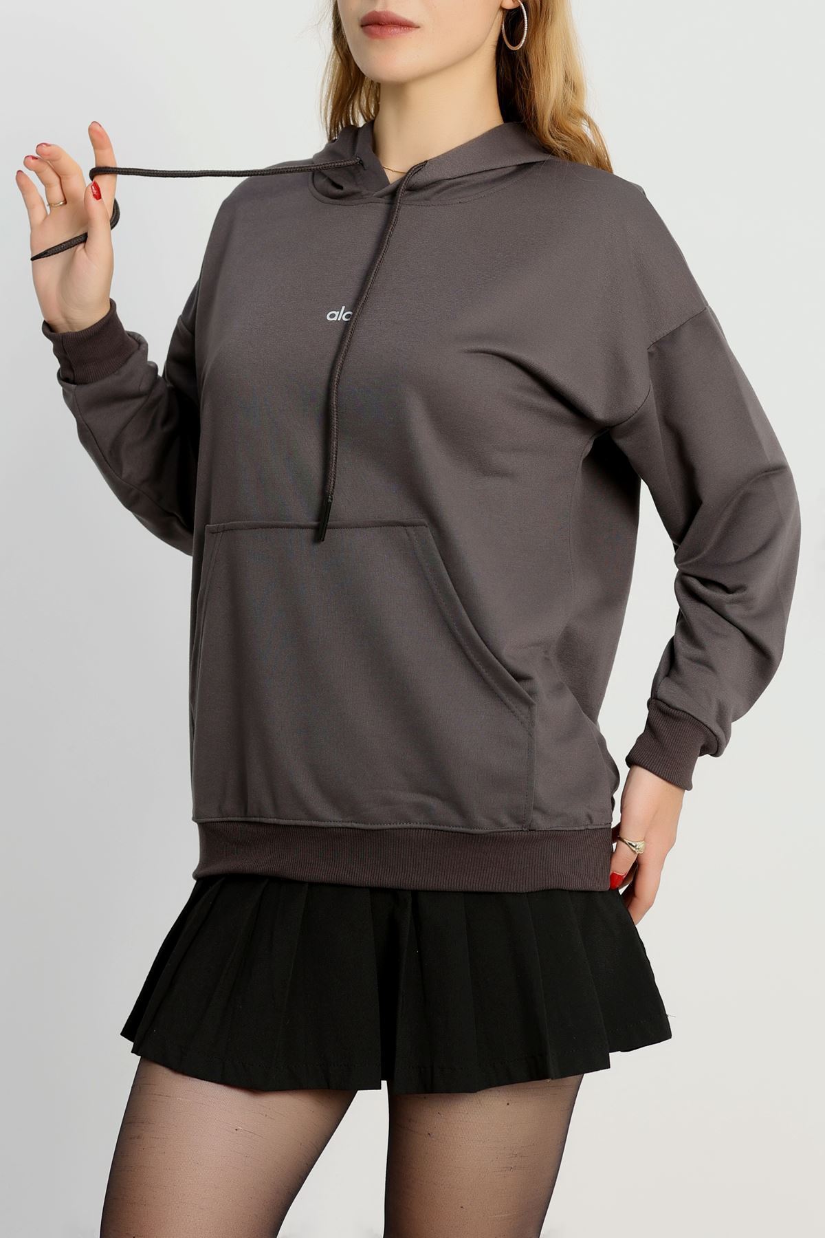 2 İplik Kapşonlu Baskılı Sweatshirt Antrasit - 31315.1878.