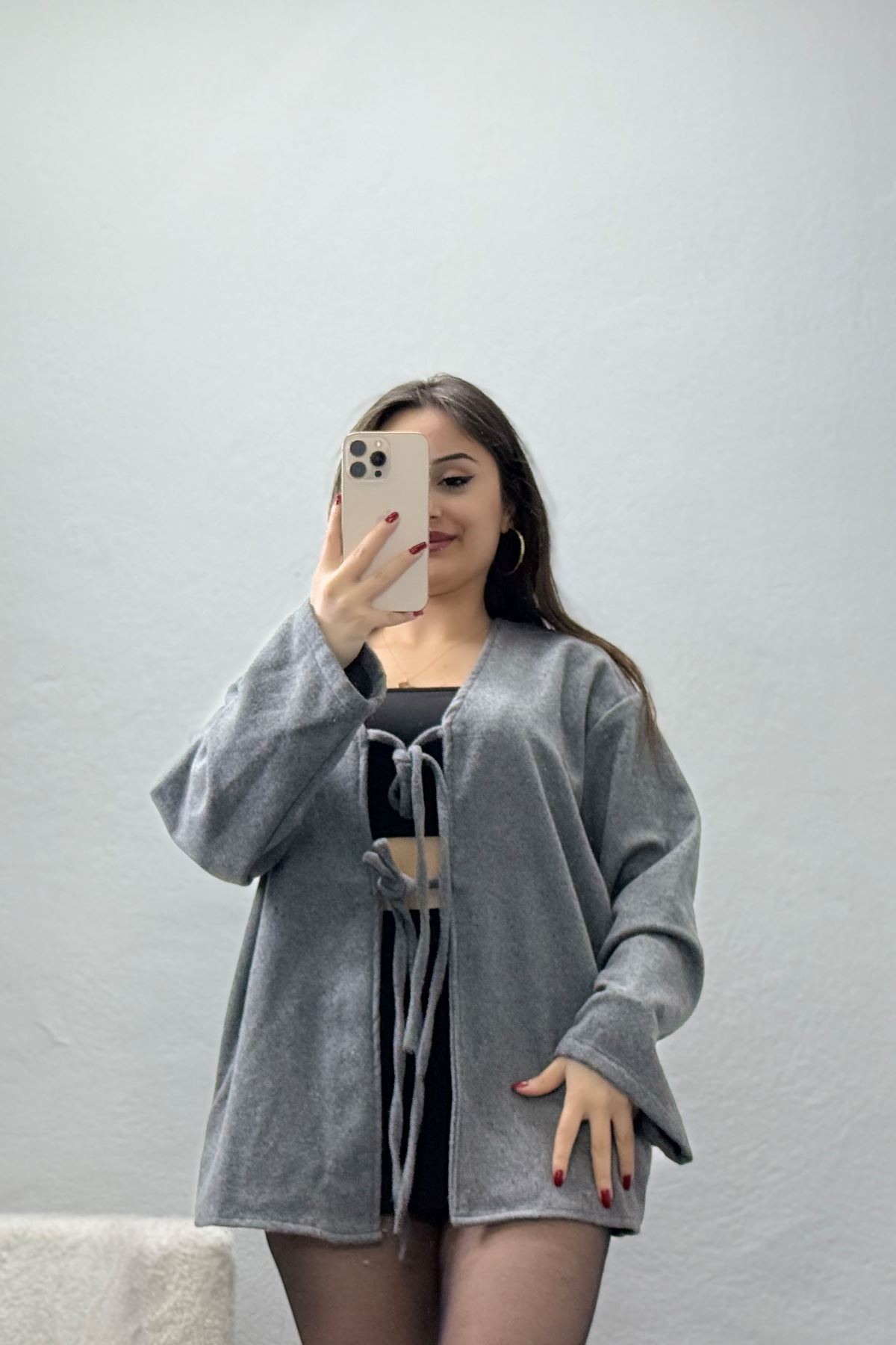 Önü Bağcıklı Kaşe Hırka Koyugri - 70995.1775.