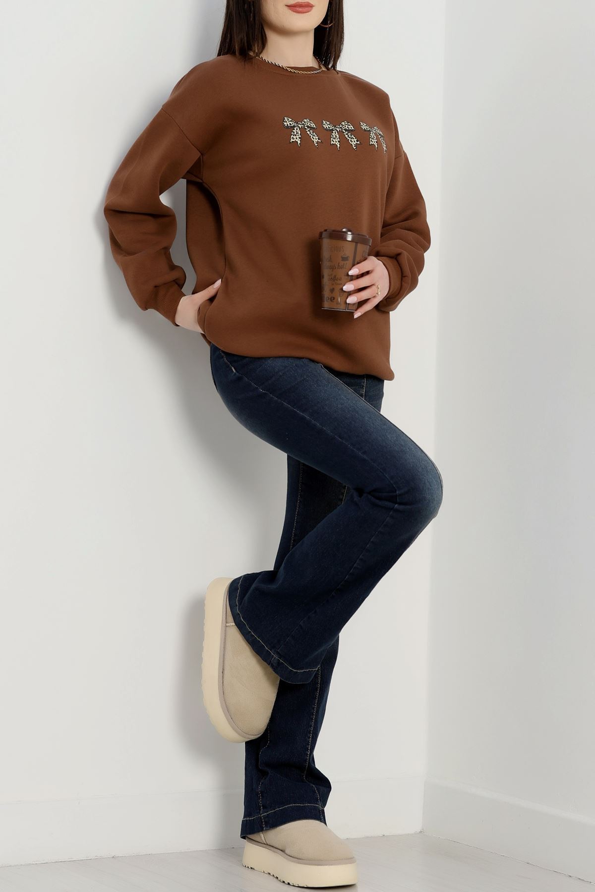 3 İplik Bisiklet Yaka Sweat Kahve - 42241.1878.