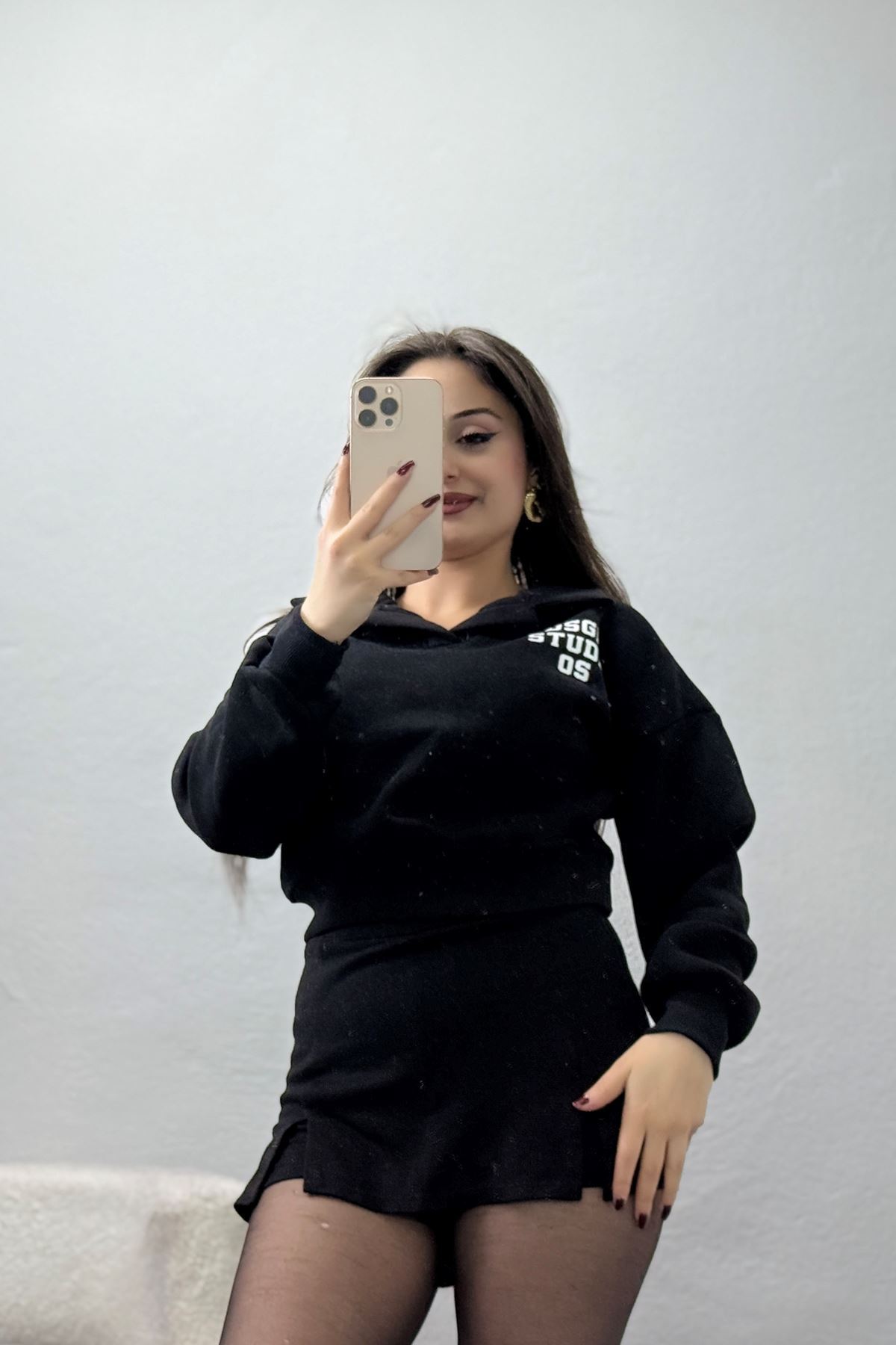 3 İplik Şardonlu Polo Yaka Baskılı Sweat Siyah - 42602.1878.