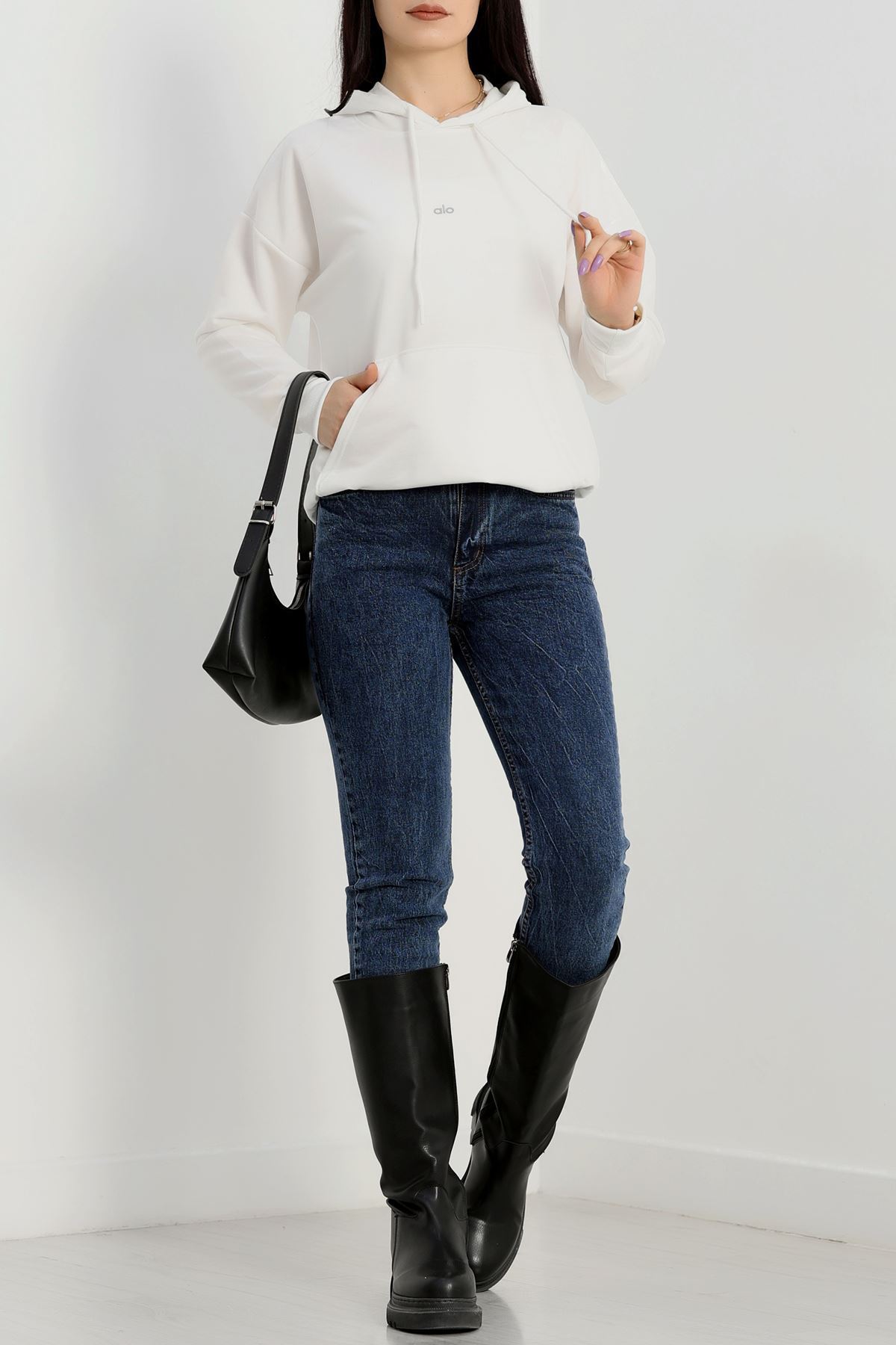 2 İplik Kapşonlu Baskılı Sweatshirt Ekru - 31315.1878.