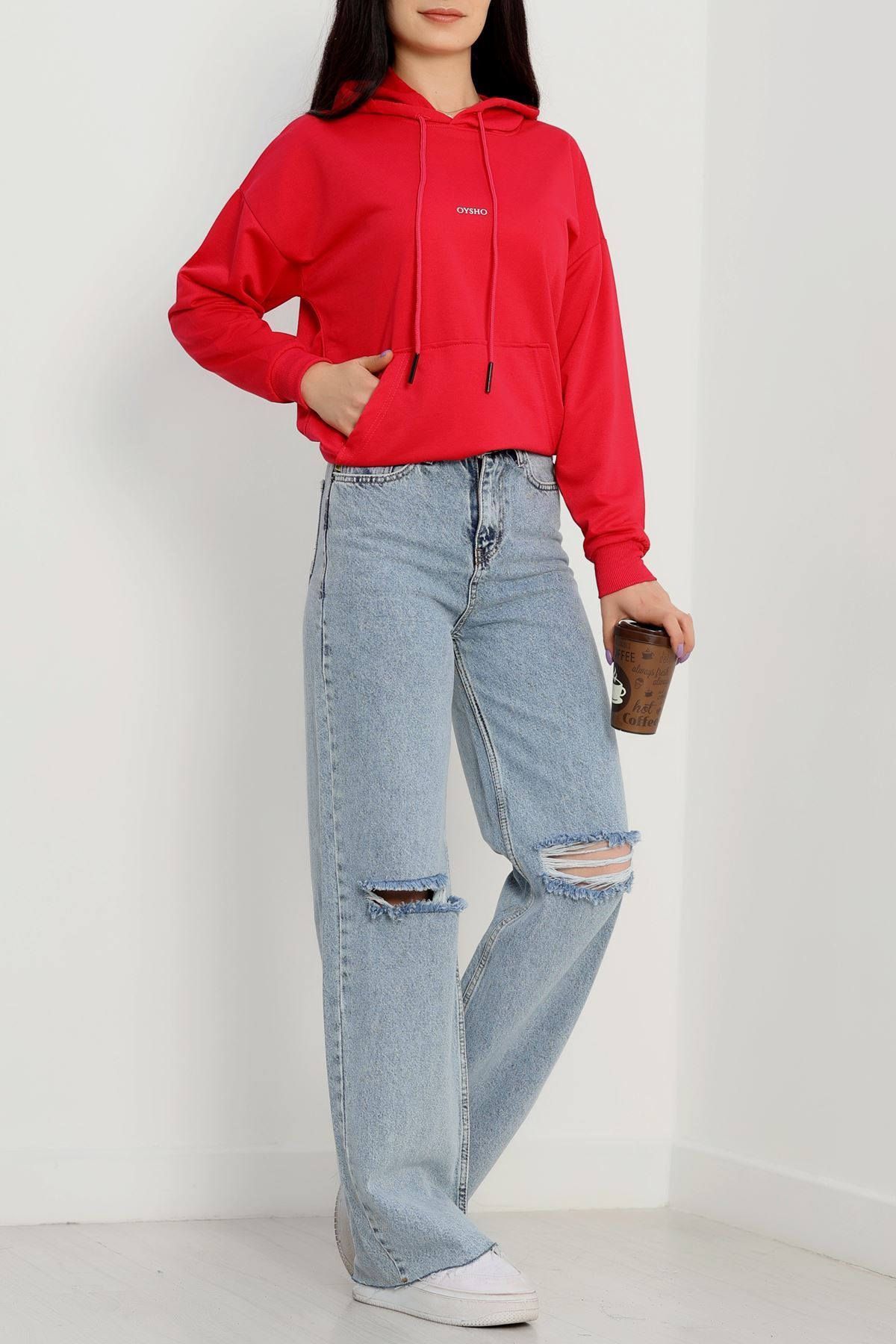 2 İplik Kapşonlu Baskılı Sweatshirt Fuşya - 31316.1878.