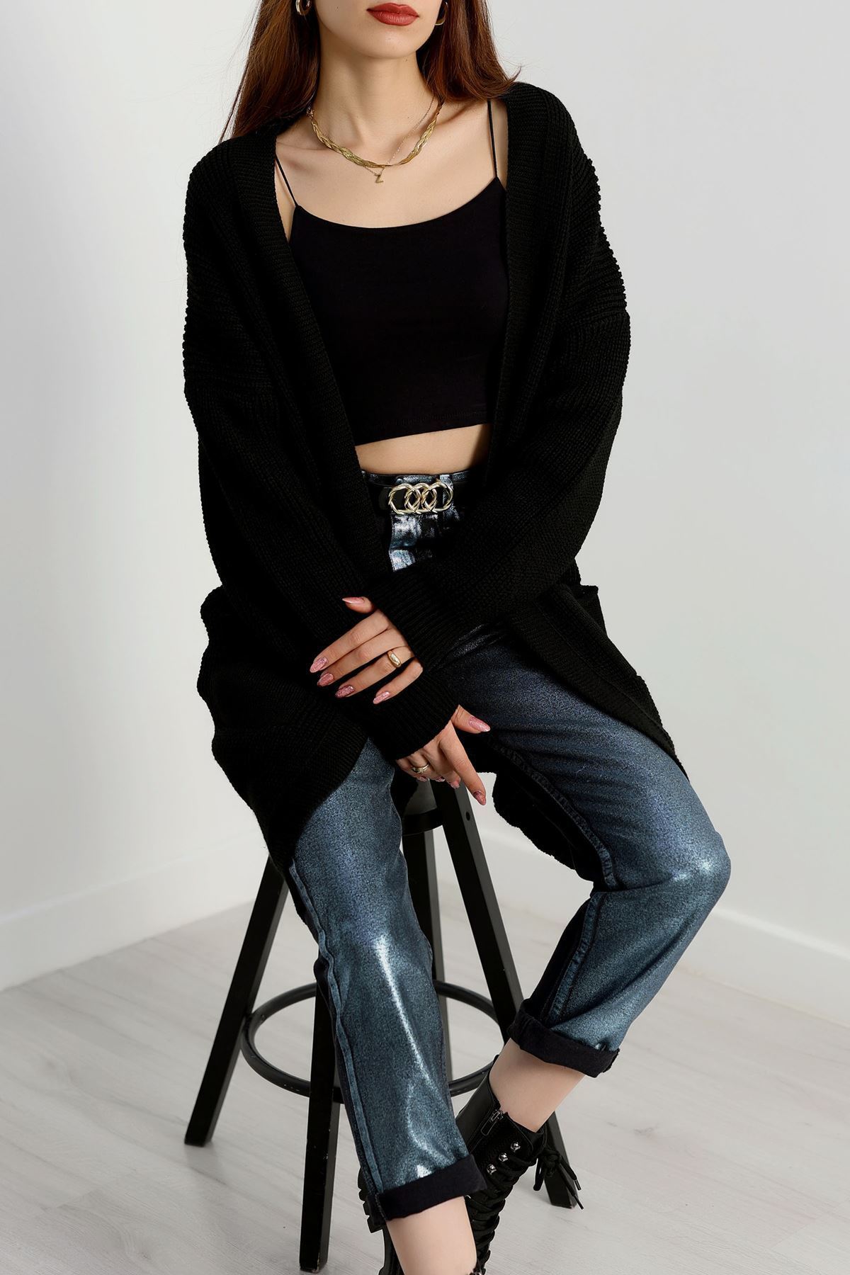 Cep Detaylı Triko Hırka Siyah - 436.1577.