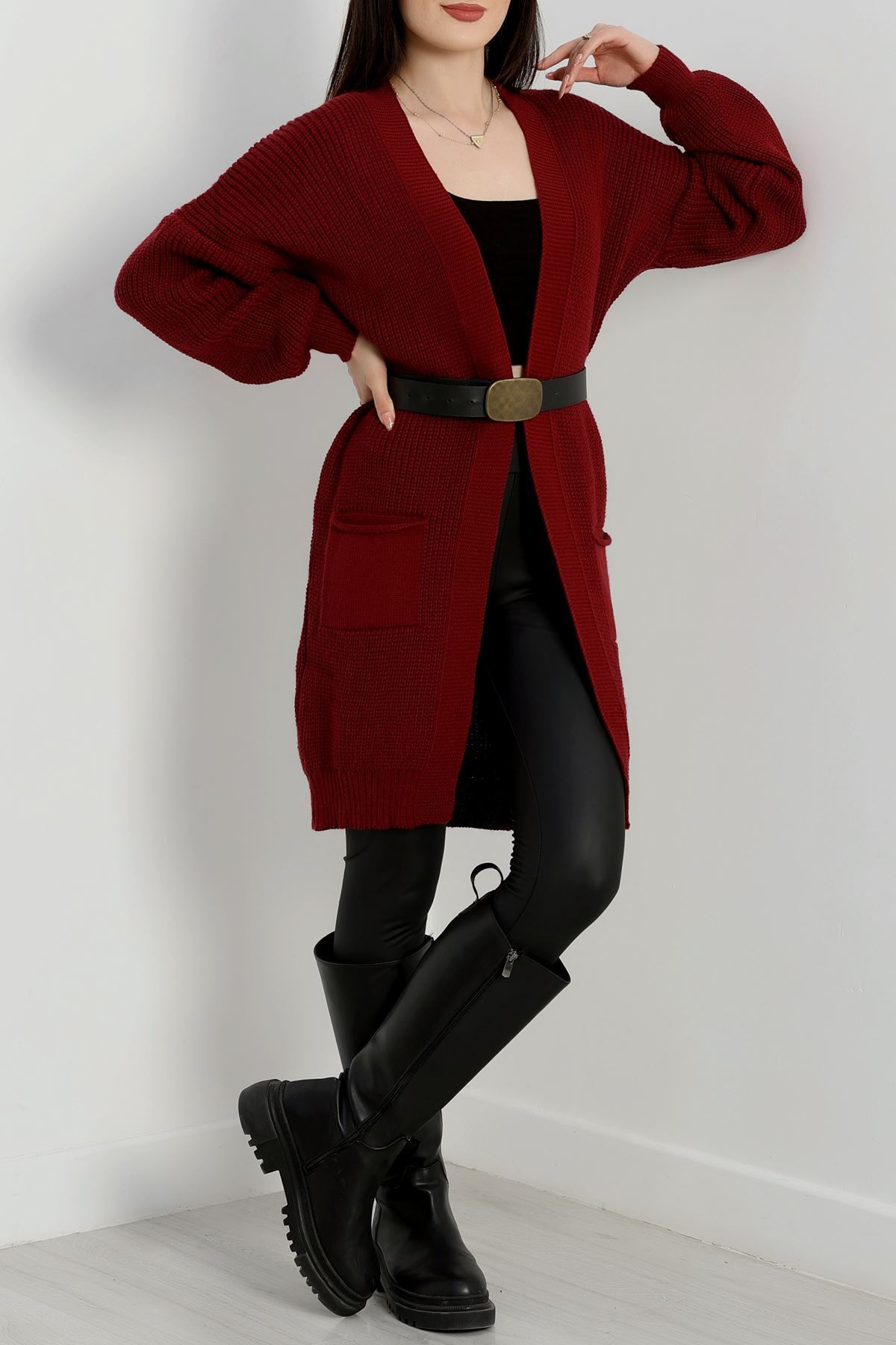 Cep Detaylı Triko Hırka Bordo - 436.1577.