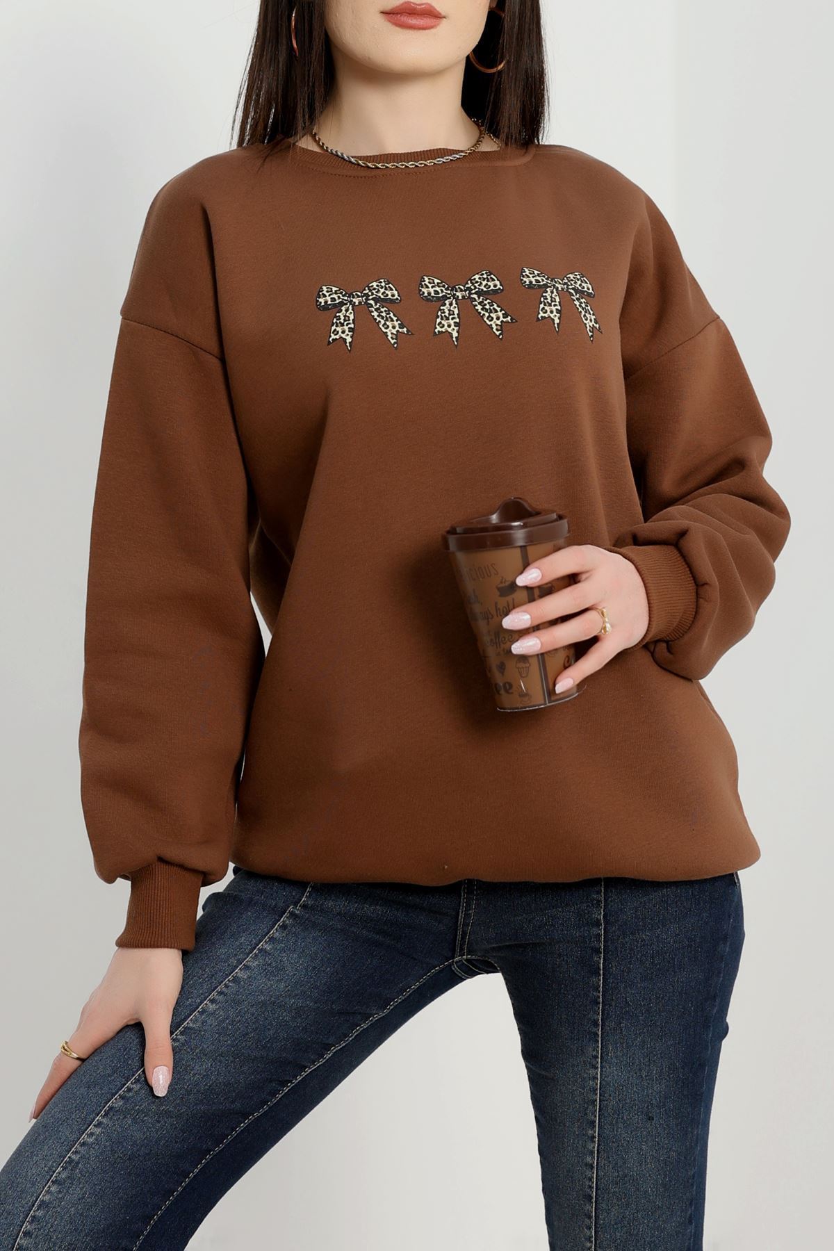 3 İplik Bisiklet Yaka Sweat Kahve - 42241.1878.