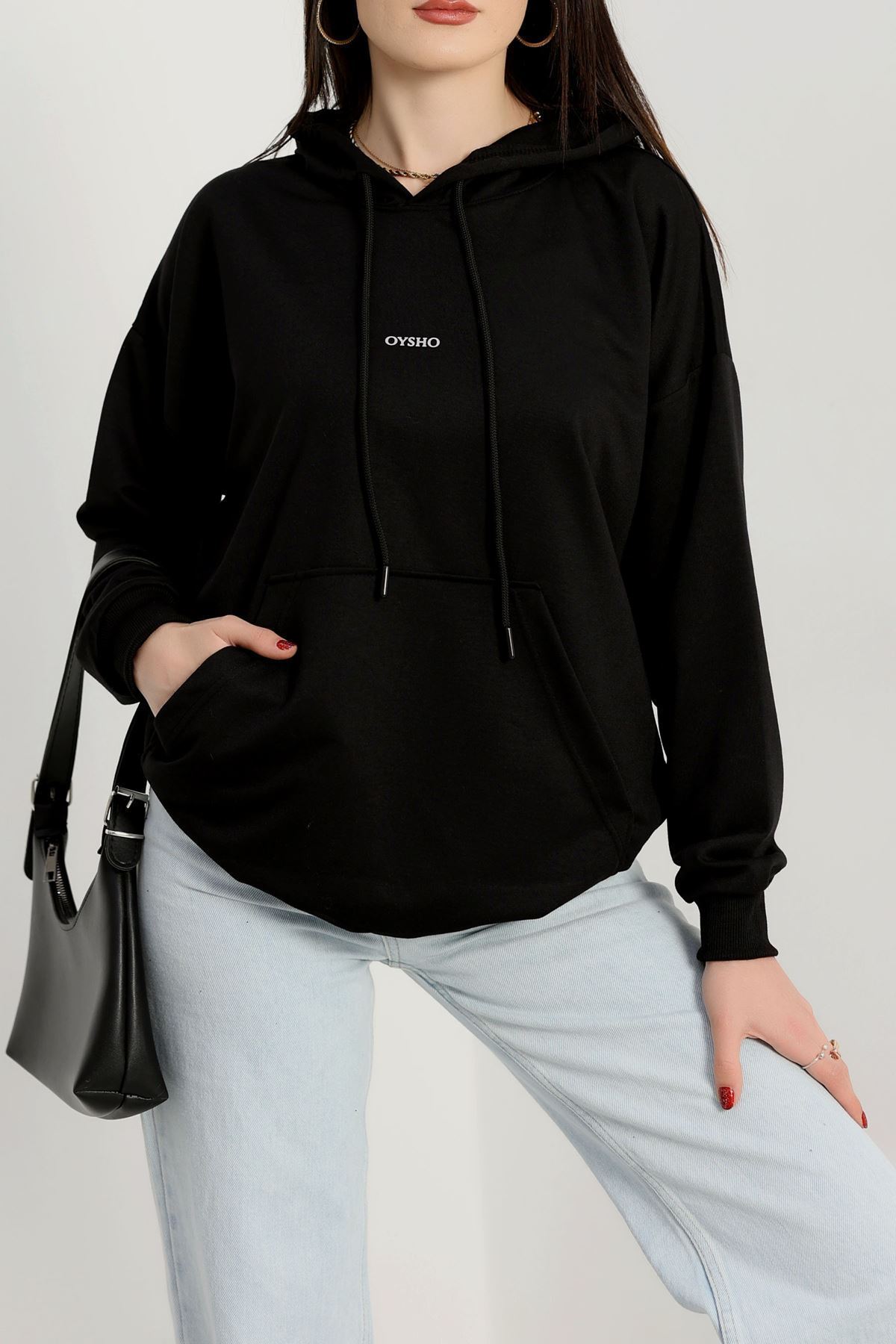 2 İplik Kapşonlu Baskılı Sweatshirt Siyah - 31316.1878.