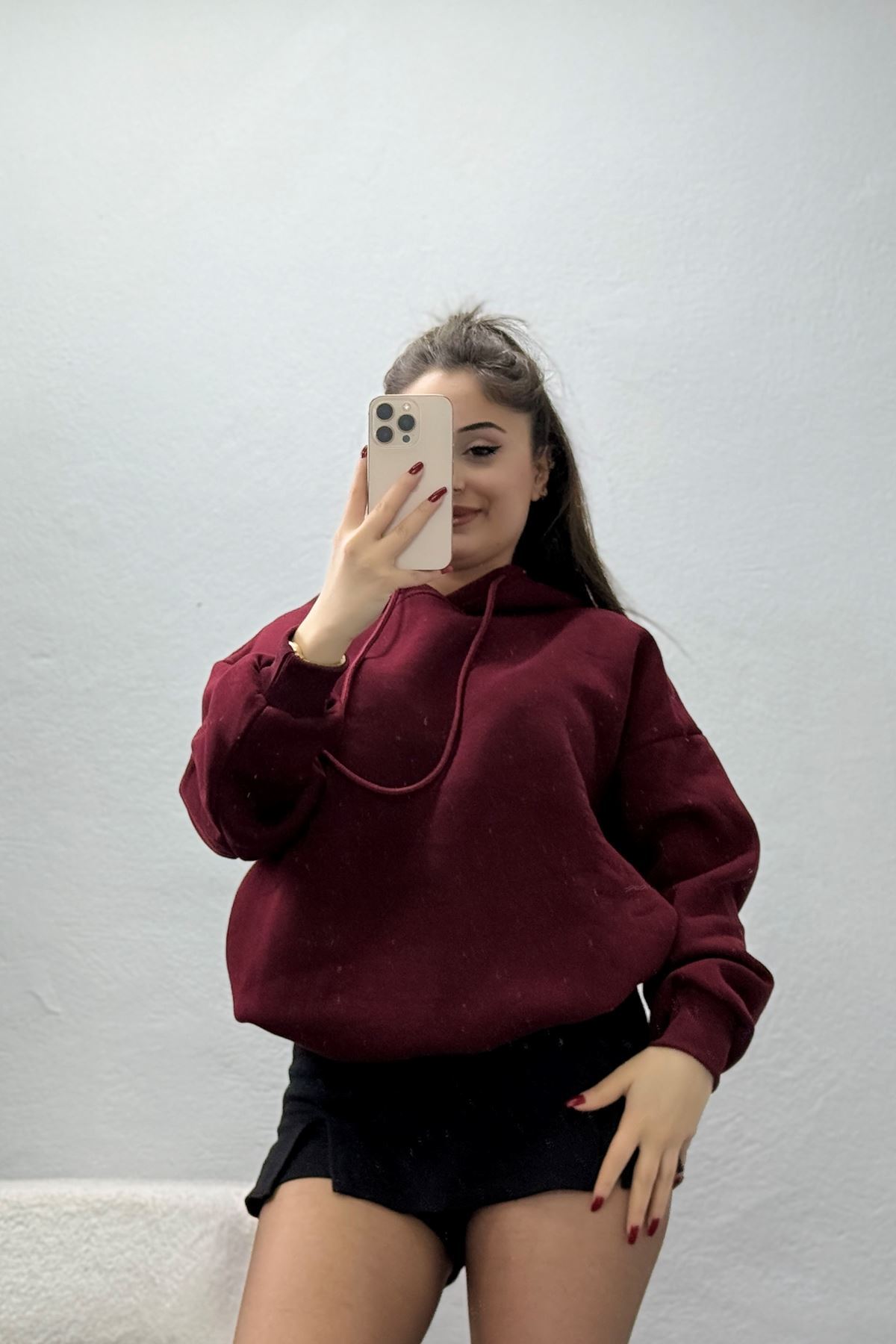 3 İplik Kapşonlu Sweat Bordo - 20074.1878.