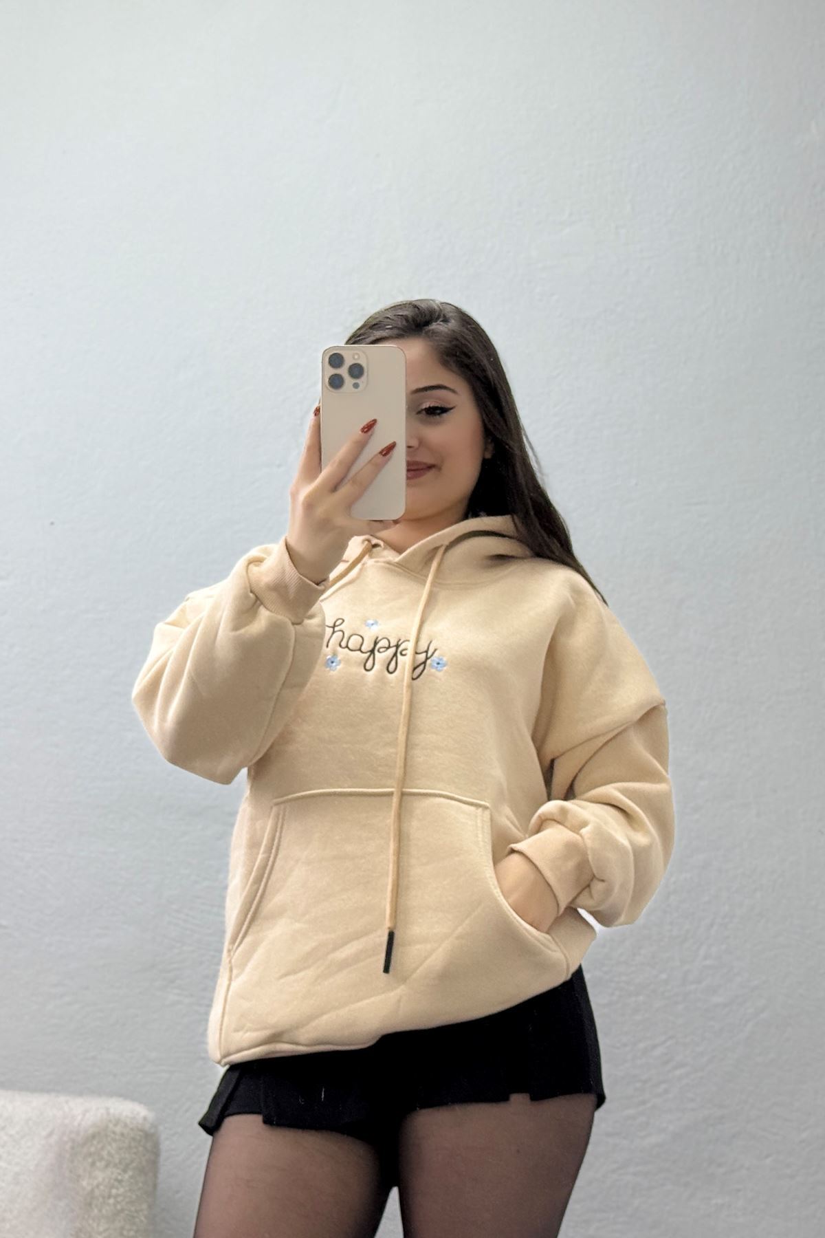 3 İplik Kanguru Cepli Kapşonlu Sweat Bej - 42250.1878.