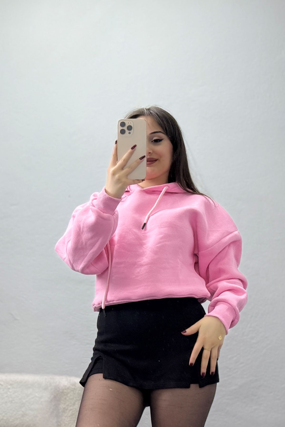 3 İplik Kapşonlu Crop Sweat Pembe - 20959.1878.
