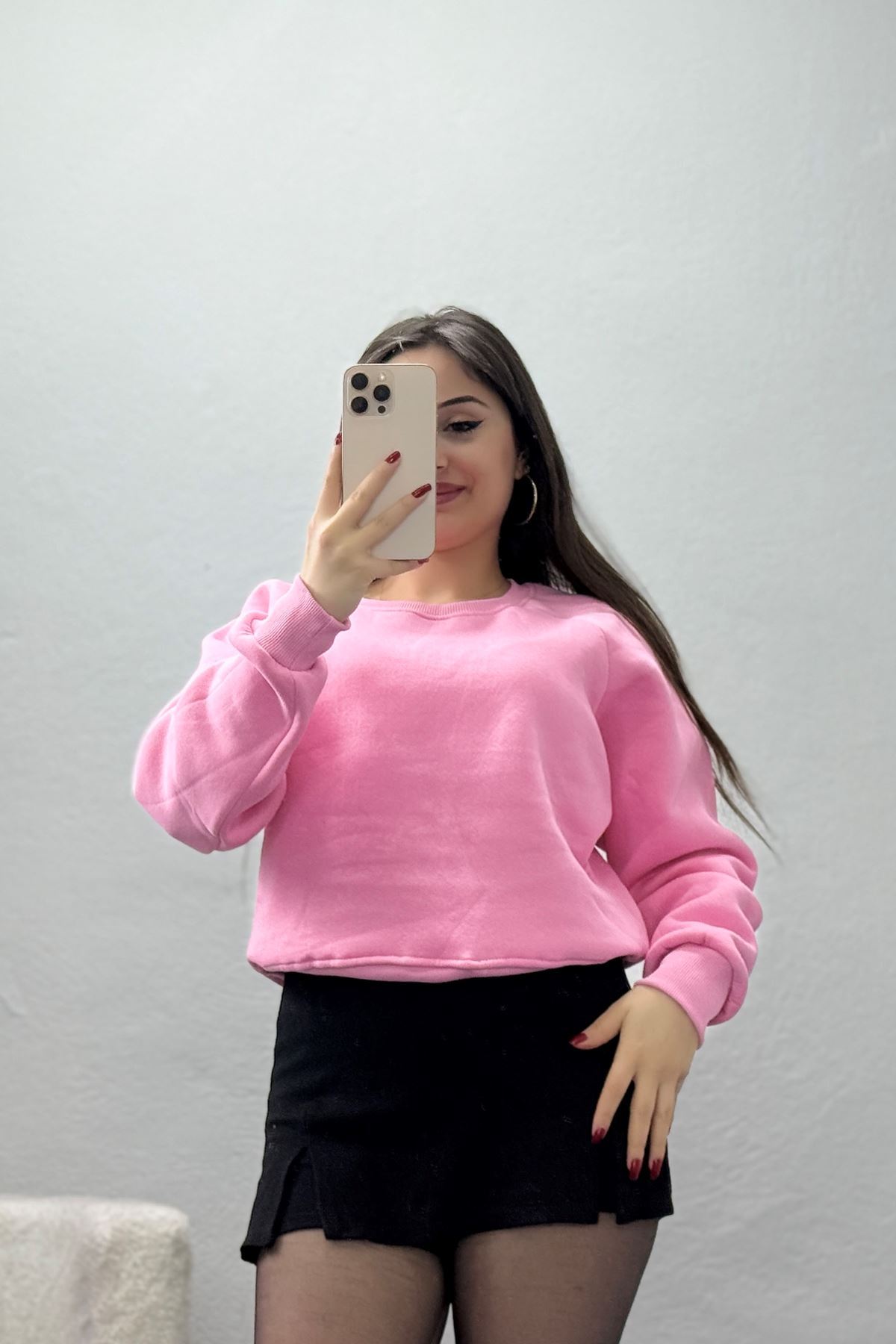 Bisiklet Yaka 3 İplik Sweat Pembe - 20958.1878.