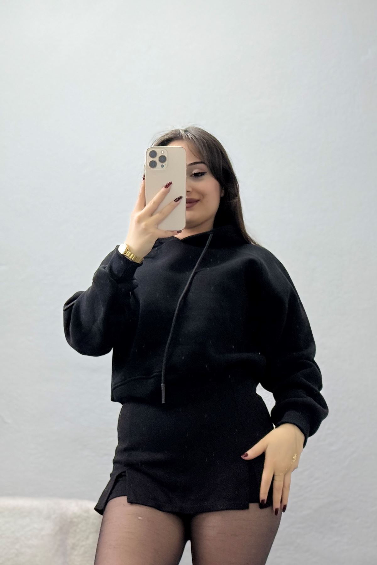 3 İplik Kapşonlu Crop Sweat Siyah - 20959.1878.