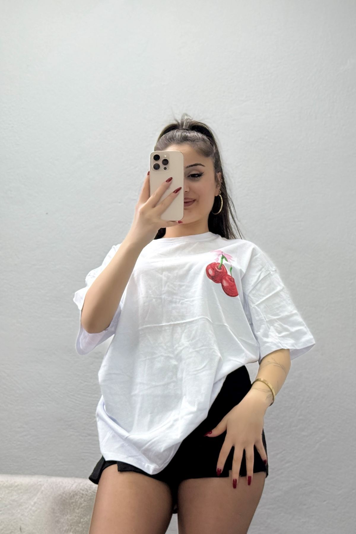 Baskılı Kompakt Penye Tişört Beyazkiraz - 55044.1872.