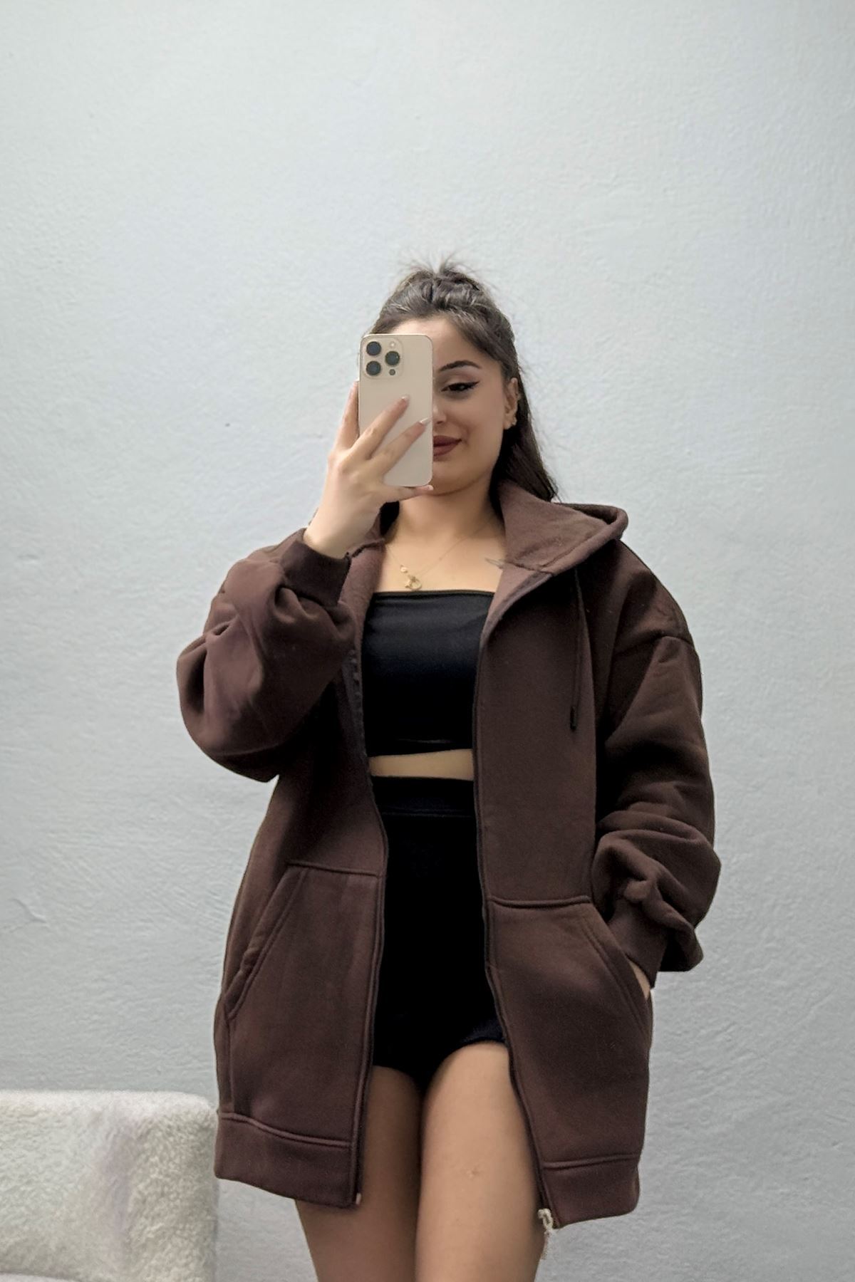 3 İplik Kompakt Oversize Sweat Kahve - 42502.1878.