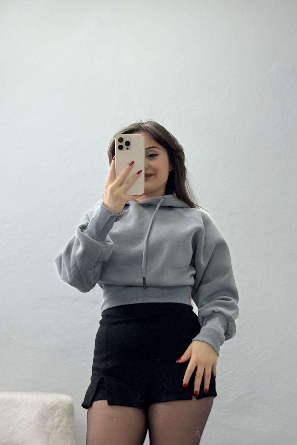 3 İplik Kapşonlu Crop Sweat Antrasit - 20967.1878.