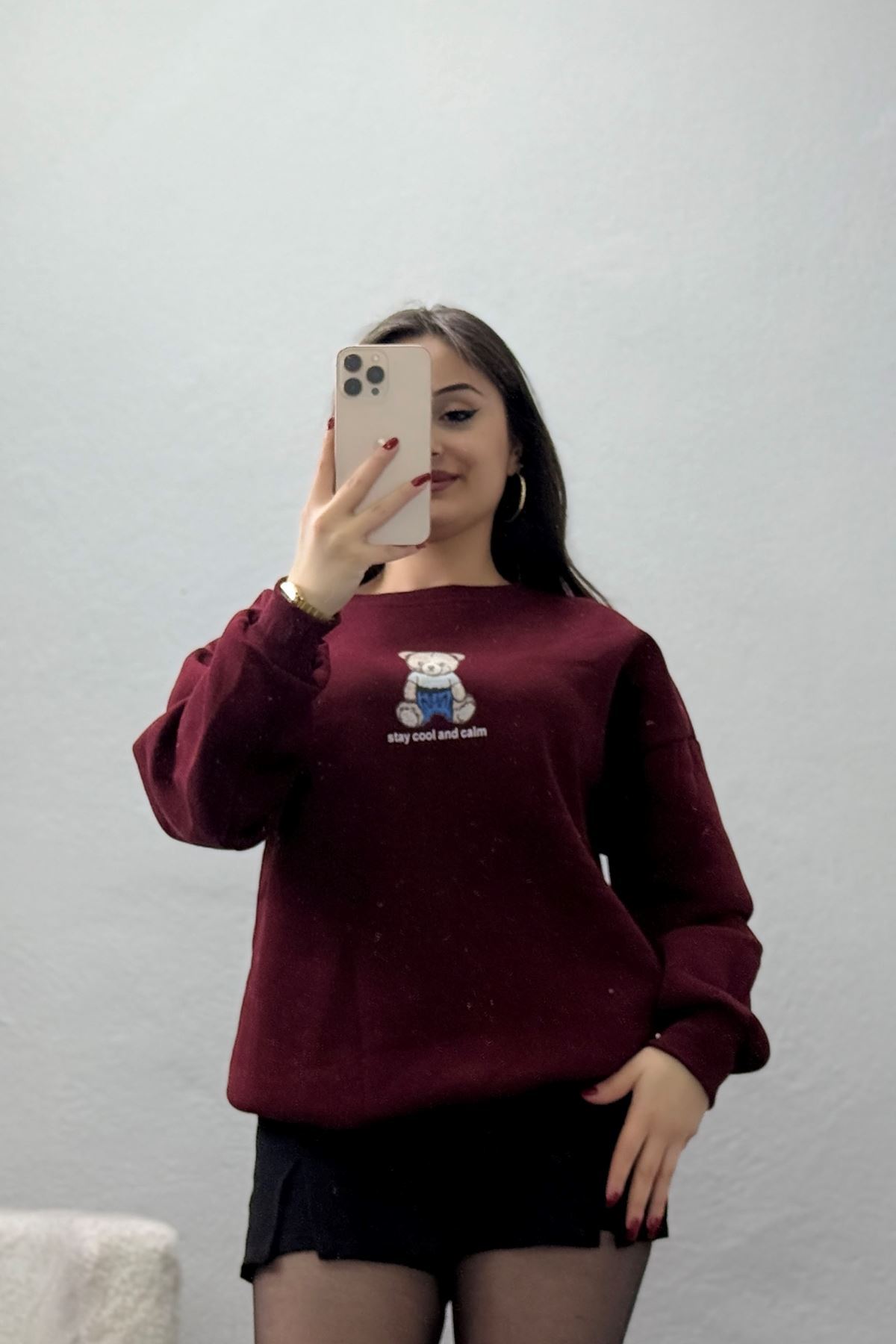 3 İplik Bisiklet Yaka Sweat Bordo - 42237.1878.