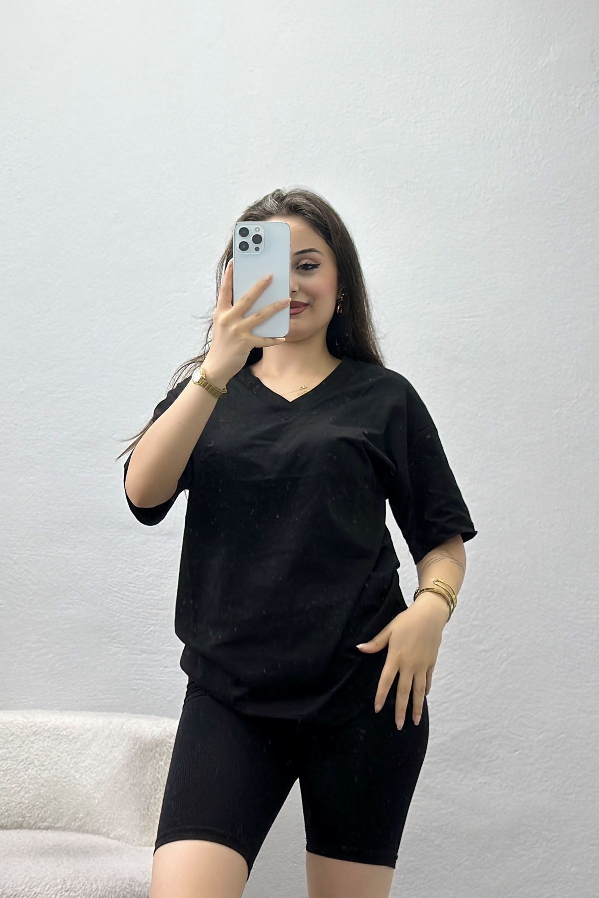 V Yaka Oversize Lüx Penye Siyah - 90900.1878.