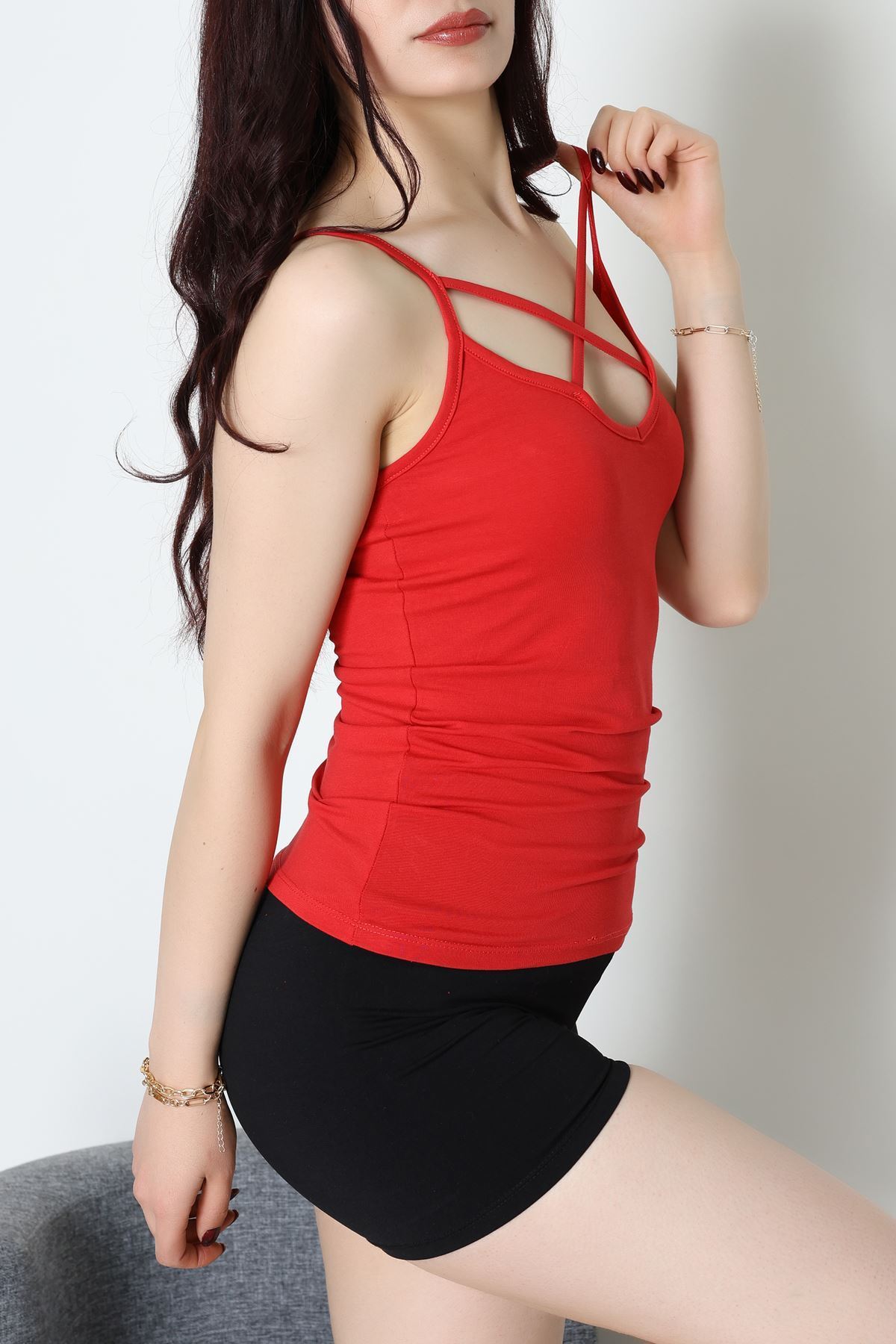 Likralı Arkası Ve Önü Biyeli İp Askılı Atlet Siyahbeyazkırmızı - 39093.200.